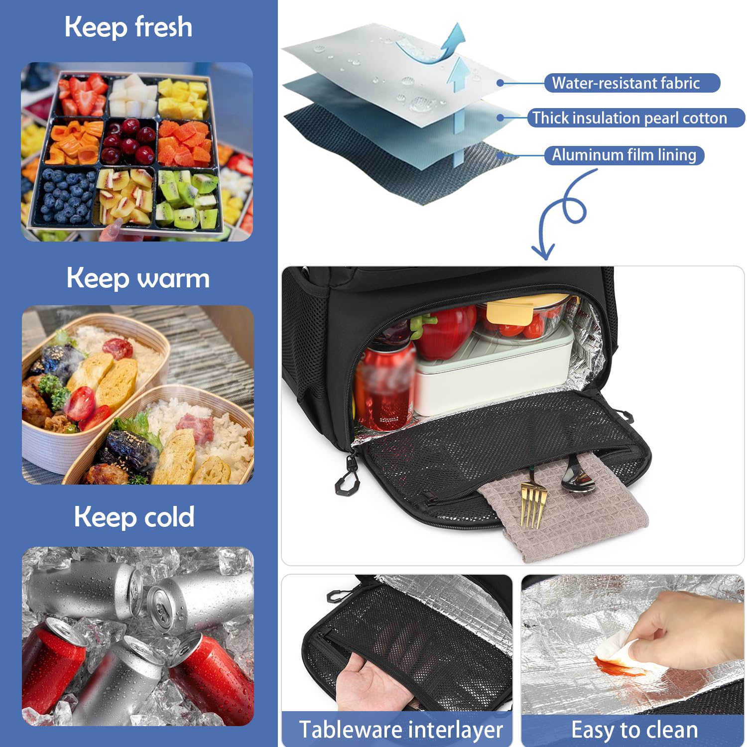 Zaino da lavoro da uomo con scomparto frigo da 17 pollici, con porta di ricarica USB, per lavoro, viaggi, scuola, Nero , Mittelgroße, Tattico