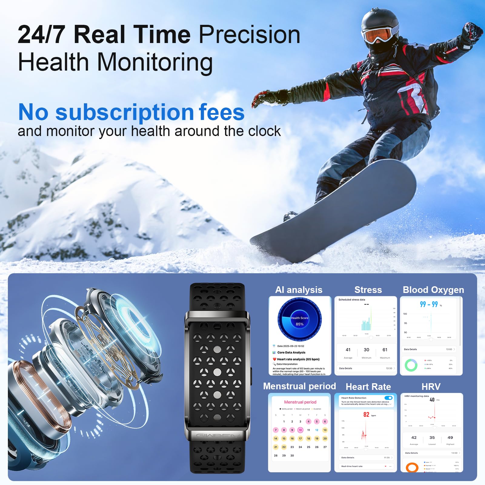 Pulsera inteligente, rastreador de actividad física con monitor de sueño de frecuencia cardíaca, oxígeno en sangre 24/7/7, calorías y estrés/pasos, bandas de salud y fitness, más de 170 modos