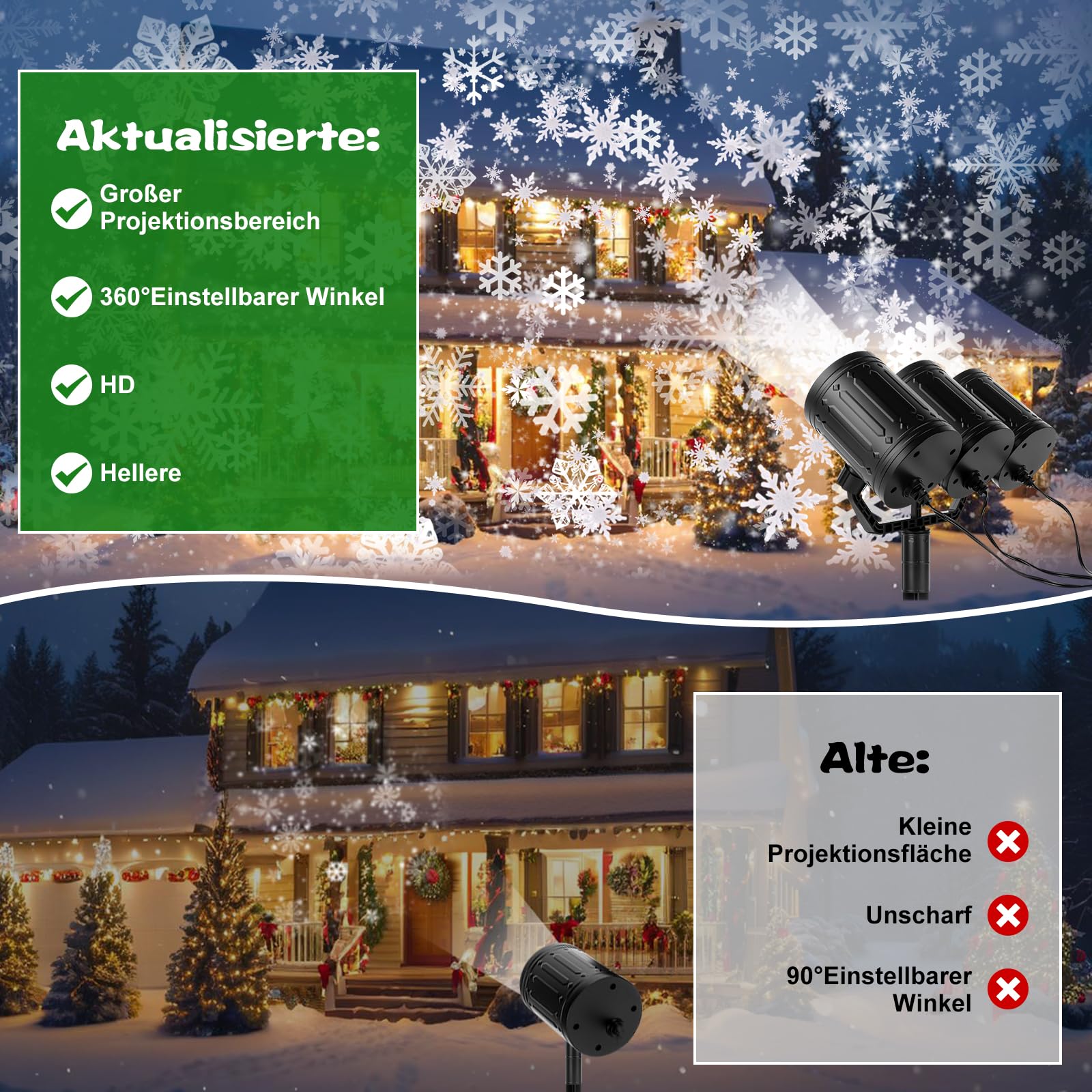 Charmofun Projektor Weihnachts Aussen, 3-Kopf Dynamische LED Schneeflocke Projektor 360°Rotierende mit Timer, Wasserdicht, Weihnachtsbeleuchtung außen für Garten Fenster Wand Party Weihnachtsdeko