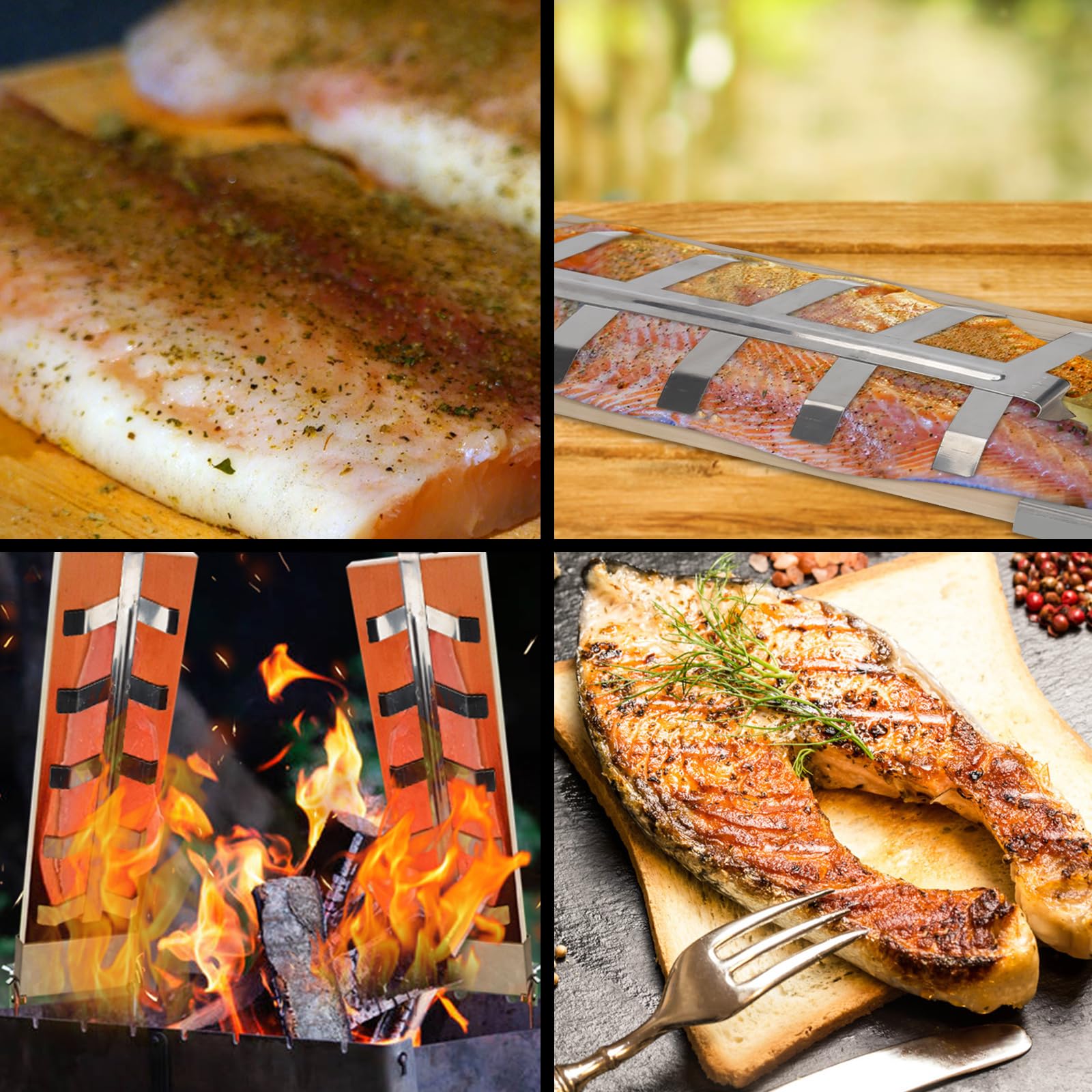 Flammlachsbrett 2er Set, Lachsbretter zum Grillen aus Zedernholz mit Edelstahlhalterung, 5 Winkelstufen, 46 x 15,5 cm, für Feuerschale Grill Feuerkorb