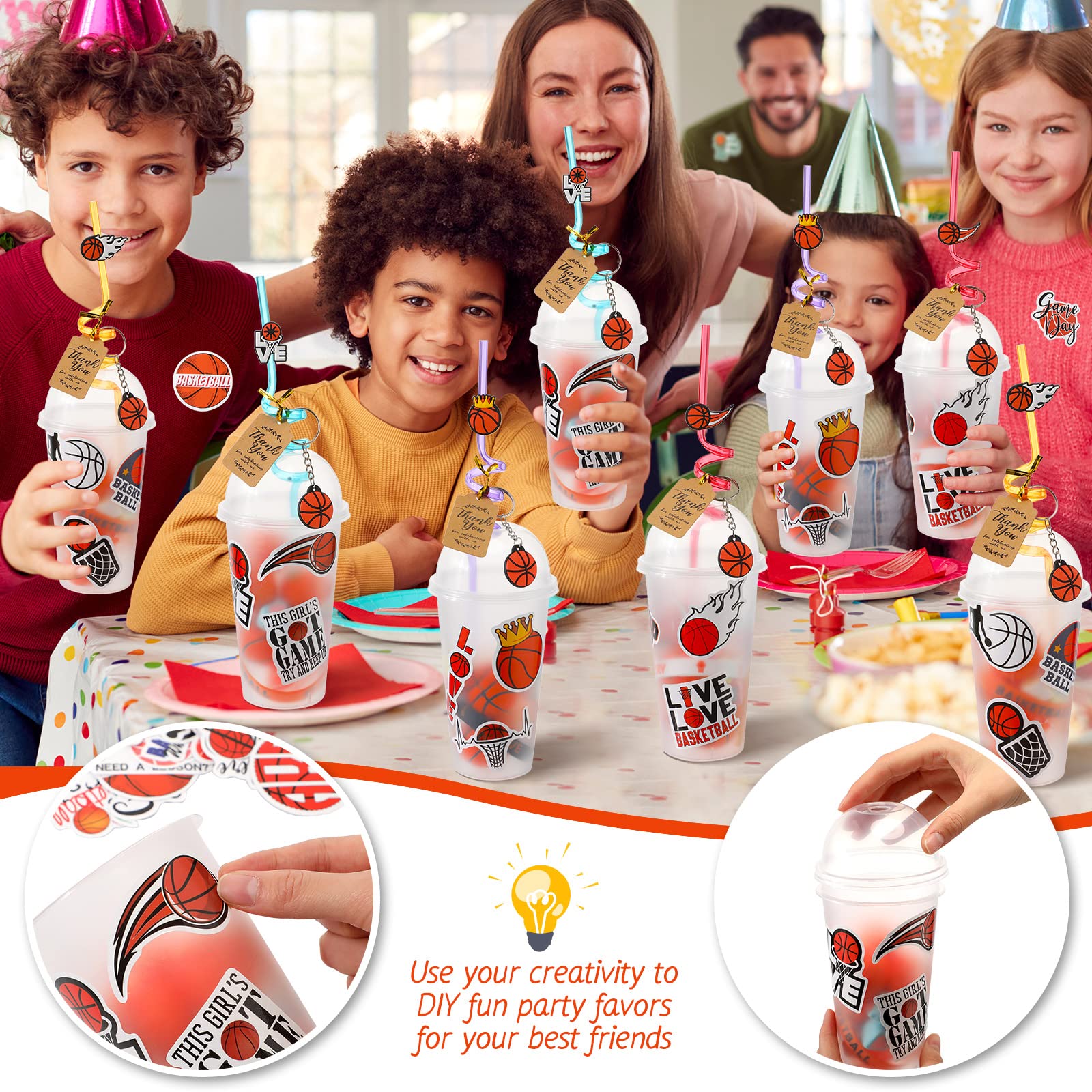 184 Pcs Sports Party Favor Set, Sports Birthday Gift Cup Filler with Cup Straw Ball Keychain Sticker Bracelet Whistle Tags Ties for Baseball Basketball Football Soccer Party Favors (Basketball)