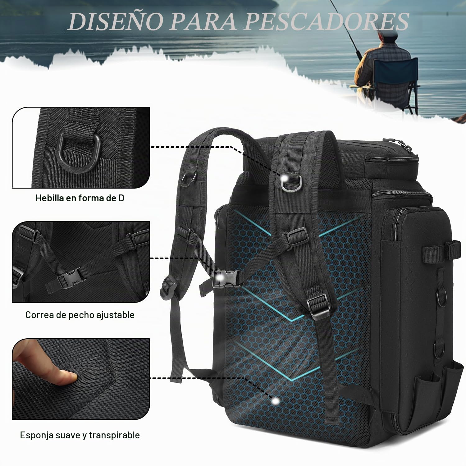Mochila de Pesca impermeable 45L con Soporte para Cañas