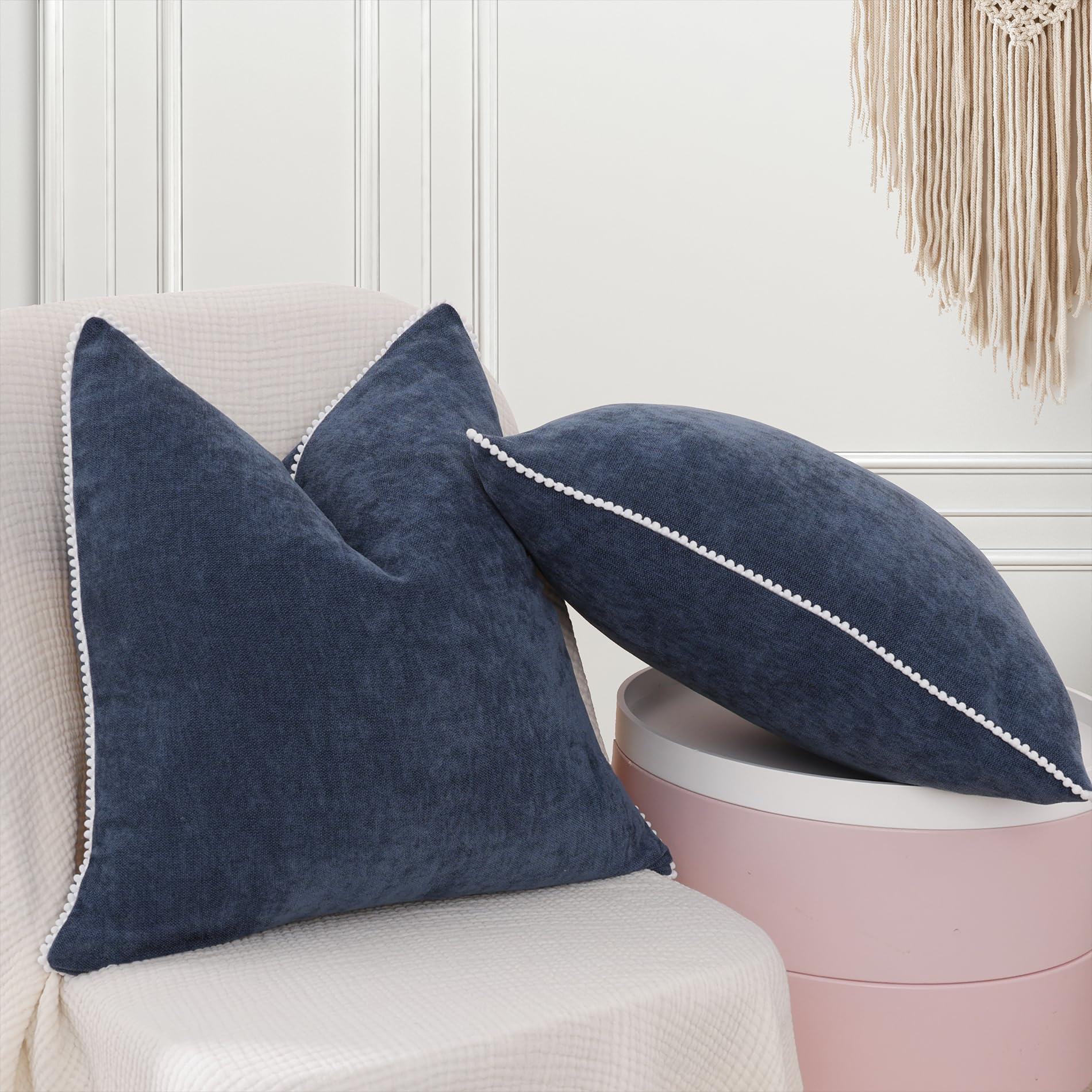 VOILYBIRD Navy Blue Boho Pillow Covers 18x18 Inch, Decorative Throw Pillow Covers for Sofa, Couch Pillow Covers for Living Room, Set of 2