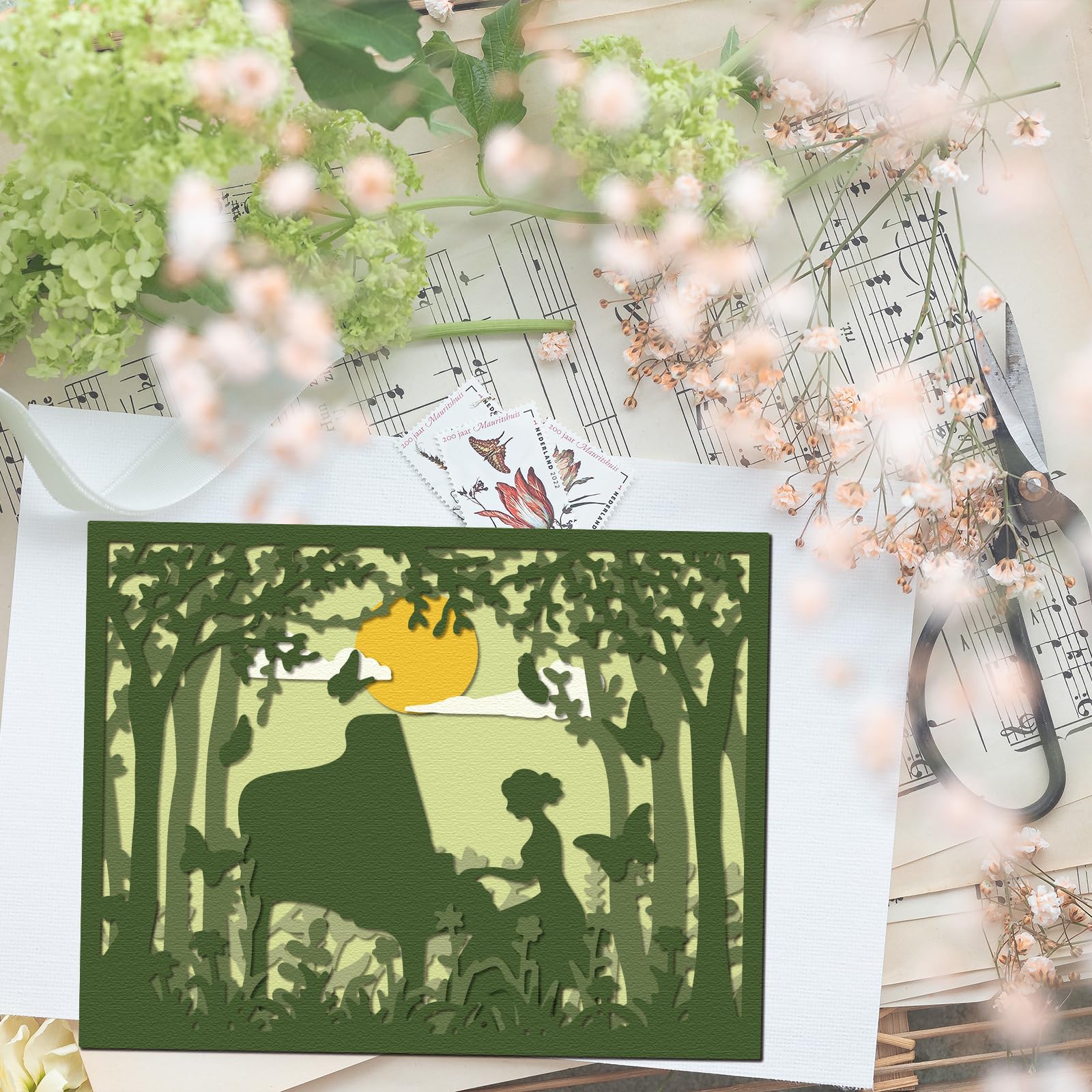GLOBLELAND Layered Forest Piano Lady Frame Cutting Dies for DIY Scrapbooking Metal Music Wowen Background Cut Dies Flowers Butterflies Die Cuts for Card Making Embossing Photo Album Craft Decor - Image 3