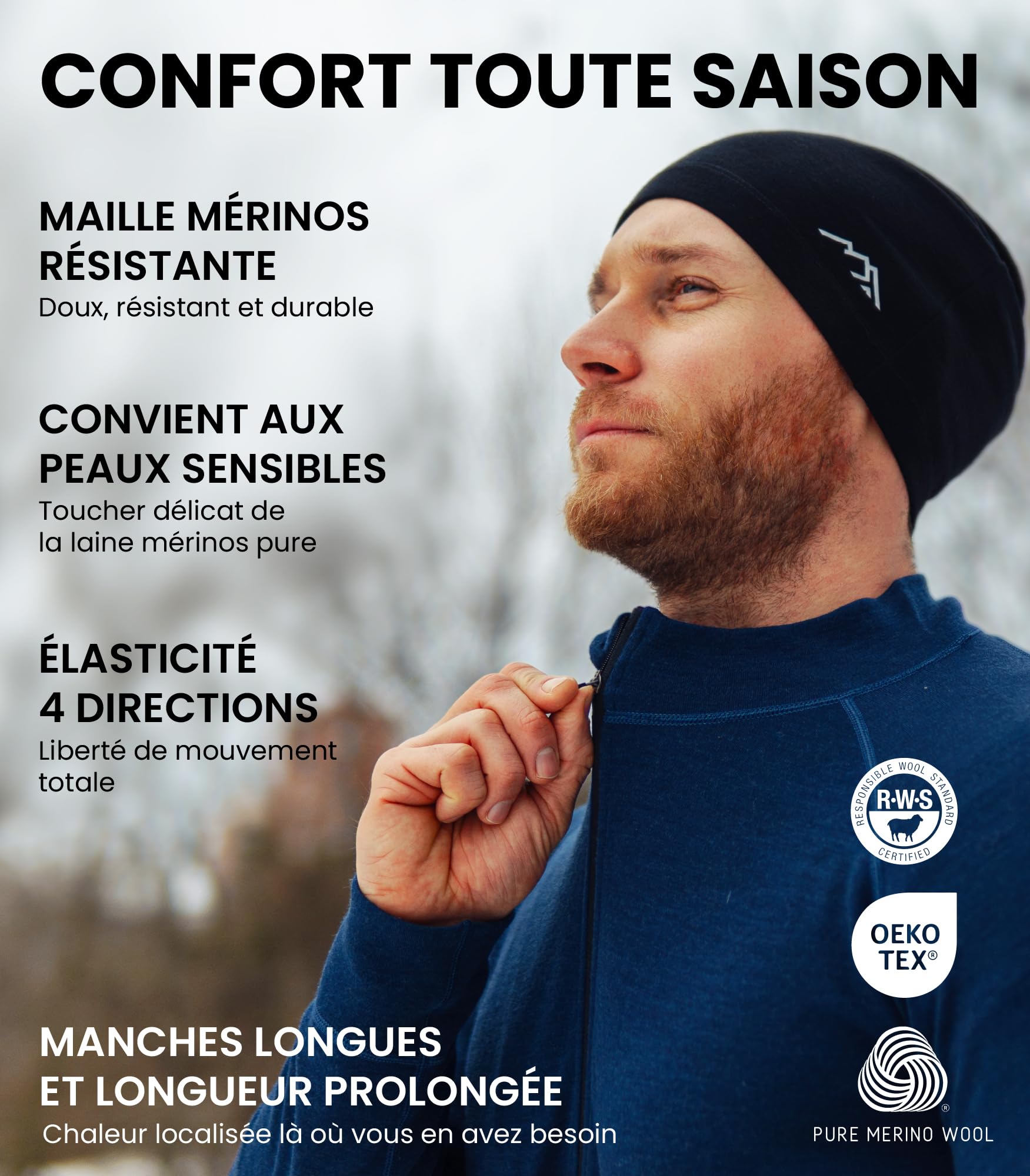 Merino.tech Demi-Zip Pull Merinos Homme - 100% sous Vetement Merinos Homme Léger, Moyen, Lourd et Chaussettes