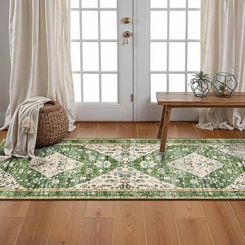 Miniatura 542 de Lahome Tapete tribal bohemio, pequeño, suave, antideslizante, lavable, de pelo corto, para piso en puerta, interior, entrada, baño, silla, Verde