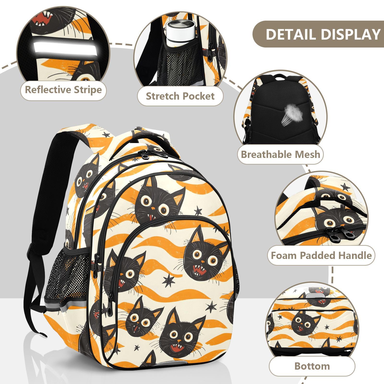 Mochila de viaje para niños y niñas, diseño de gatos negros con boca abierta