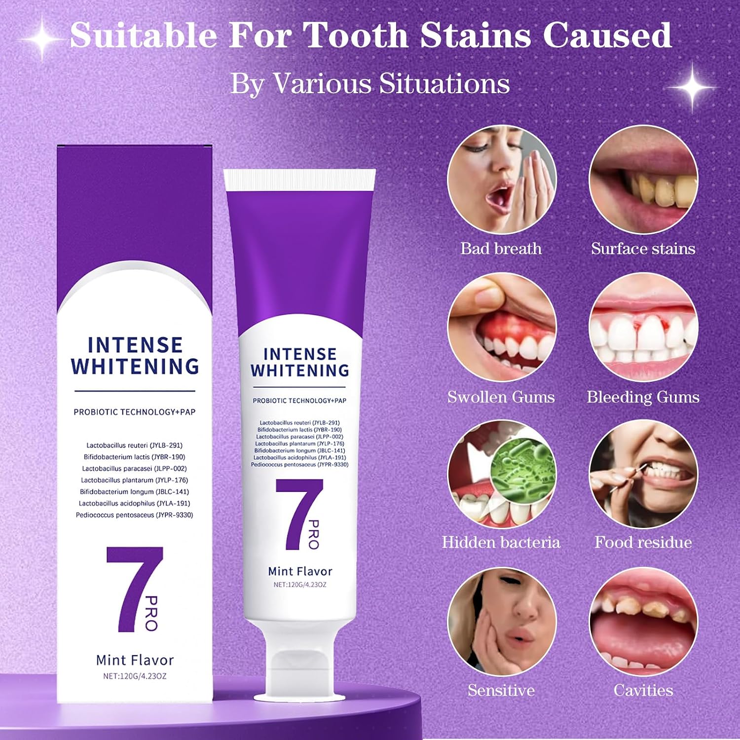 3Pack 7 PRO Toothpaste Whitening, Intense Teeth Whitening Toothpaste for Adults | Fluoride-Free | Sensitivity Safe | Purple Beads | Fresh Breath | Help Remove Tea & Coffee Stains | Mint Flavor
