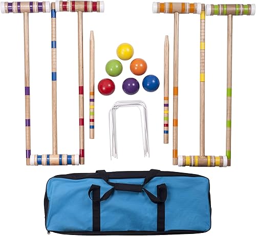 Juego completo de croquet con estuche de transporte, bola multicolor de 3 pulgadas, madera para niños y niñas