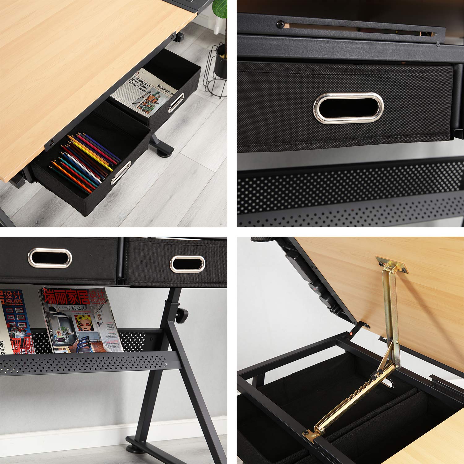 sogesfurniture Mesa de Dibujo con Tablero Inclinable, Altura Ajustable, Escritorio de Dibujo de Estudio de Trabajo con 2 Cajones de Almacenamiento, para Artista, Arquitectos