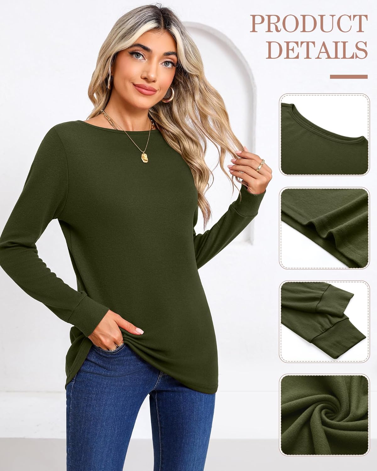 Huukeay 3 Pack Women's Long Sleeve Shirts 95% Cotton Boat Neck Sweatshirt Basic Tunic Top Loose Fit Outfit Wear with Leggings - Image 5