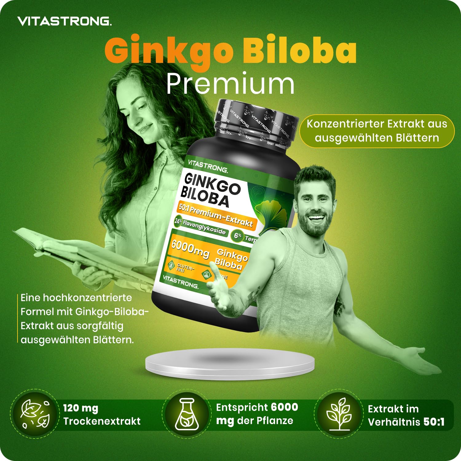 Ginkgo Biloba Nahrungsergänzungsmittel Vitastrong, 180 Vegan Tabletten, 6000mg hohe Bioverfügbarkeit, natürliches Nootropikum, Brain Focus Konzentration, Ginkgo Biloba Hochdosiert Gluten- und GVO-frei
