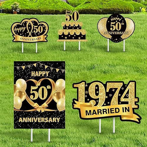 5 letreros decorativos para patio con el número 50 aniversario, color dorado y negro con estacas para casados en 1974, hombres y mujeres, 50 años,