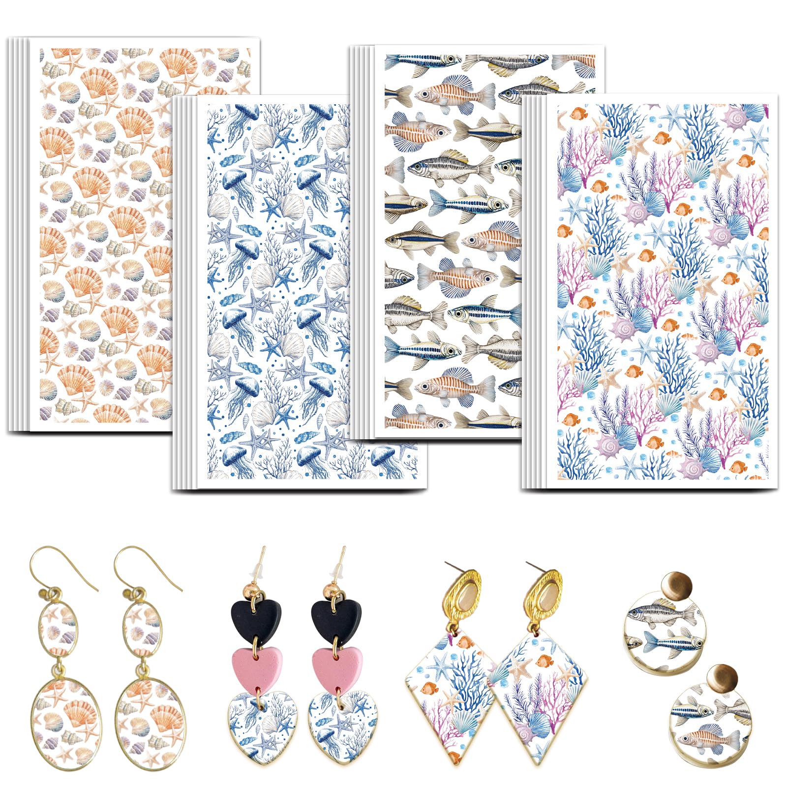 OLYCRAFT 24Pcs Ocean Clay Transfer Paper 4 Design Transfer Paper for Polymer Shells Fish Polymer Clay Transfers Sheets Ocean Theme Small Transfers Papers for Clays Earrings Jewelry Making
