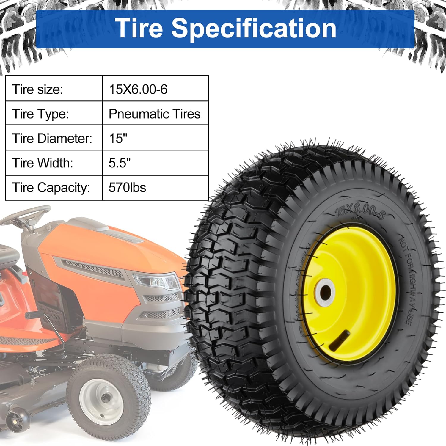 15x6.00-6 Lawn Mower Tires, 4 Ply Lawn Mower Tires 15x6x6, Front Lawn Tractor Tires, 3” Offset Hub Long with 3/4” Bushings Garden Tire for Riding Lawn Mower by Cubesprings - 2Pack