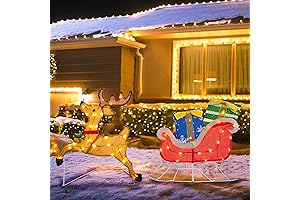 Hourleey Christmas Outdoor Decoration Yard, Pre-Lit Lighted 2D Santa Sleigh Reindeer Decor
