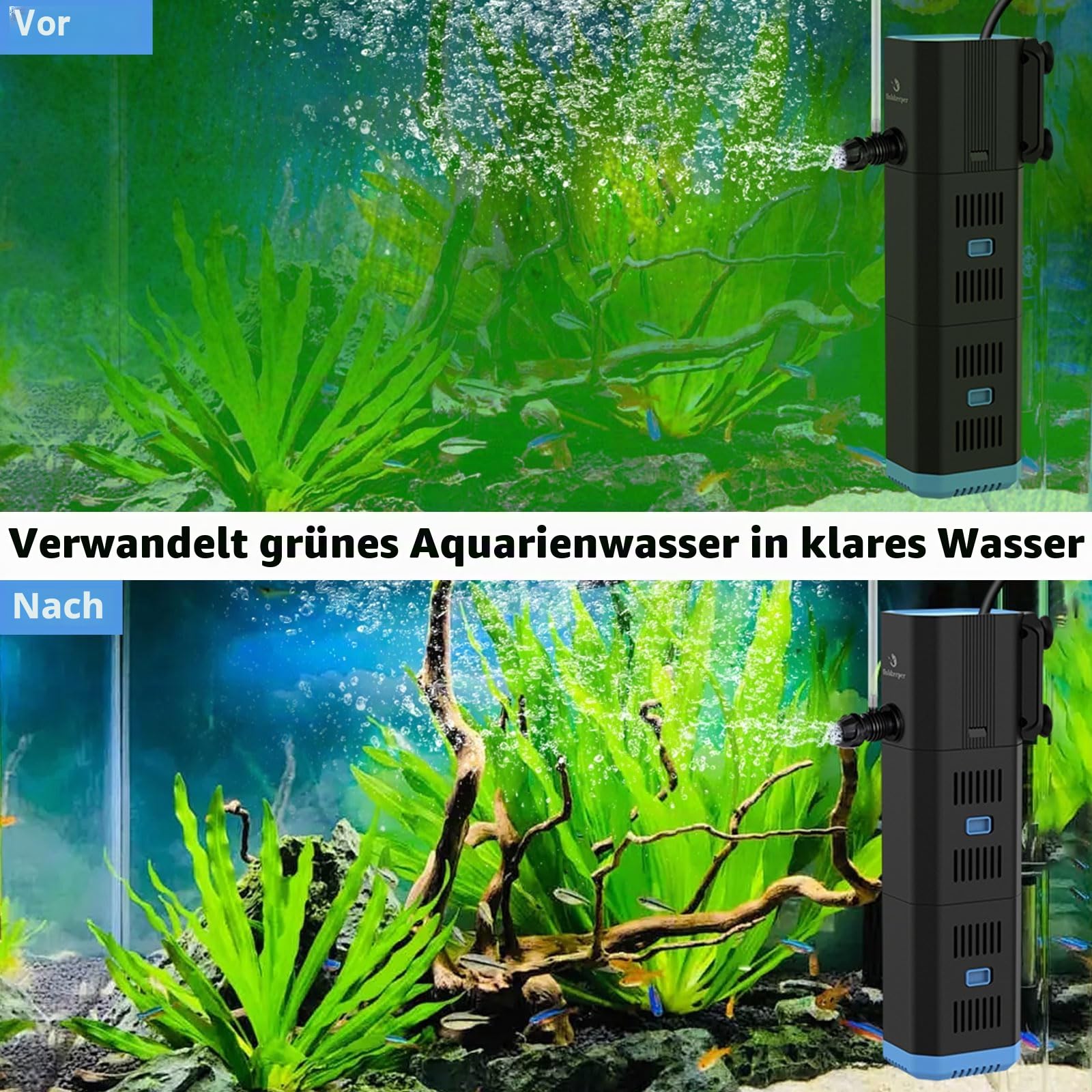 fishkeeper Aquarium Filter, Adjustable 500L/H Aquarium innenfilter für 30L-120L Aquarien, 4-in-1 Aquarium Pumpe mit Filter, Sauerstoff, Wavemaker, Filterschwamm (6W(500L/H,≤120L))