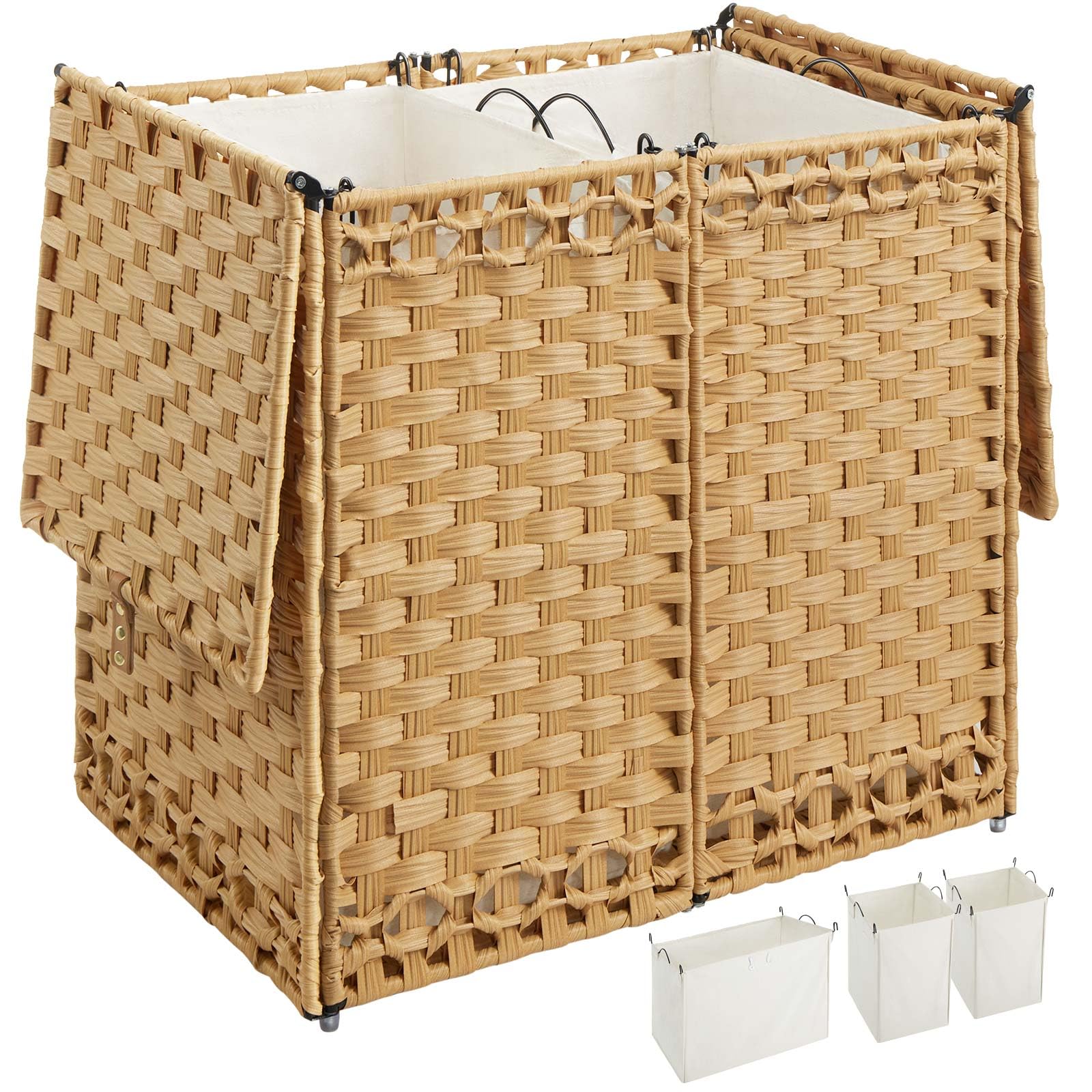 Greenstell Laundry Hamper with Lid and 2 & 1 Removable Liner Bags, No Install Needed, 160L Collapsible Laundry Basket, Wicker Clothes Hamper with Handles, Hamper for Bedroom, Bathroom, Goose Yellow