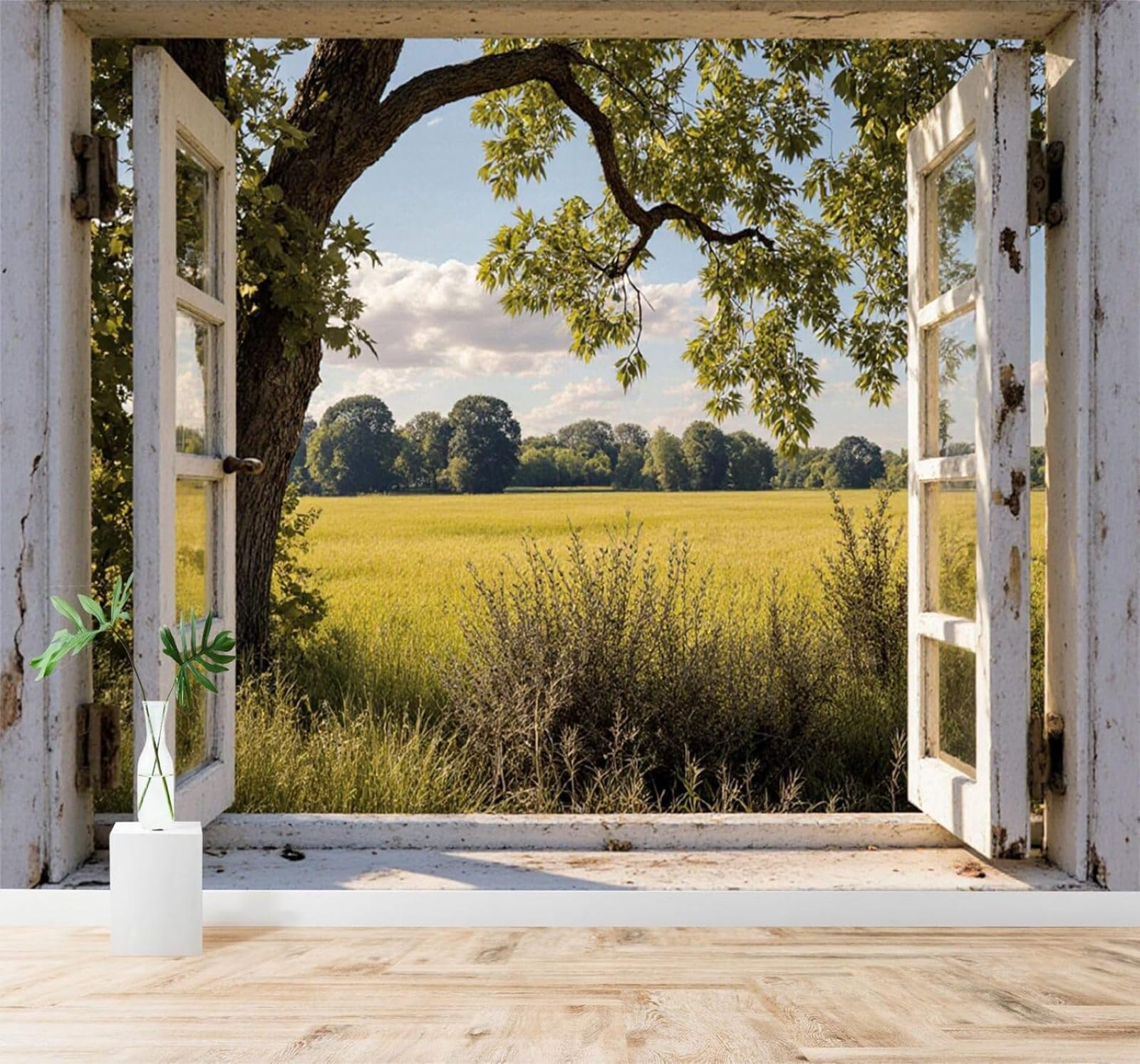 XLMING Window Countryside Fields Trees Blue Sky Landscape 3D Wallpaper Silky Texture Home Study Office Grey Dining Room Sofa Bedroom Living Room TV Backdrop-250cm×170cm