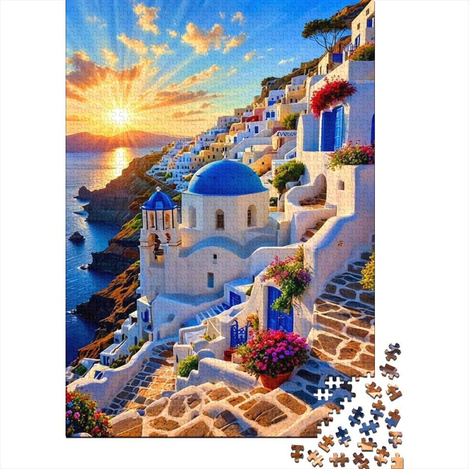 Mediterranean White Building 1000 Piece Jigsaw Puzzle Adult Paper Puzzle Game Sunset Seaside View Family Leisure Home Decor Gift 38x26cm/1000pcs