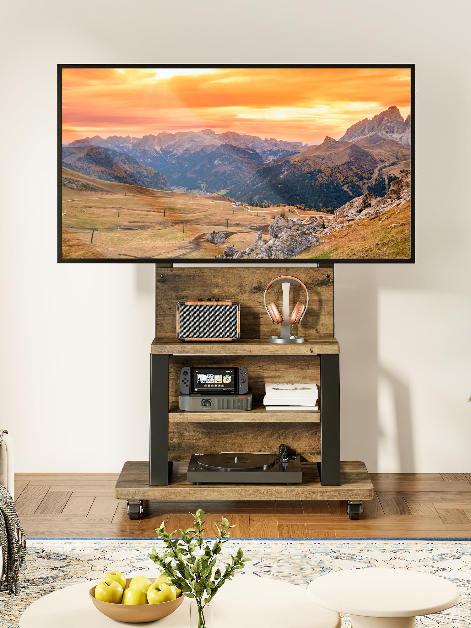 Mobile Supporto TV da Pavimento per TV da 37 a 75 pollici, carrello TV mobile con portaoggetti a 3 ripiani, Porta TV da terra altezza regolabile (68 kg carico), MAX VESA 600x400 mm