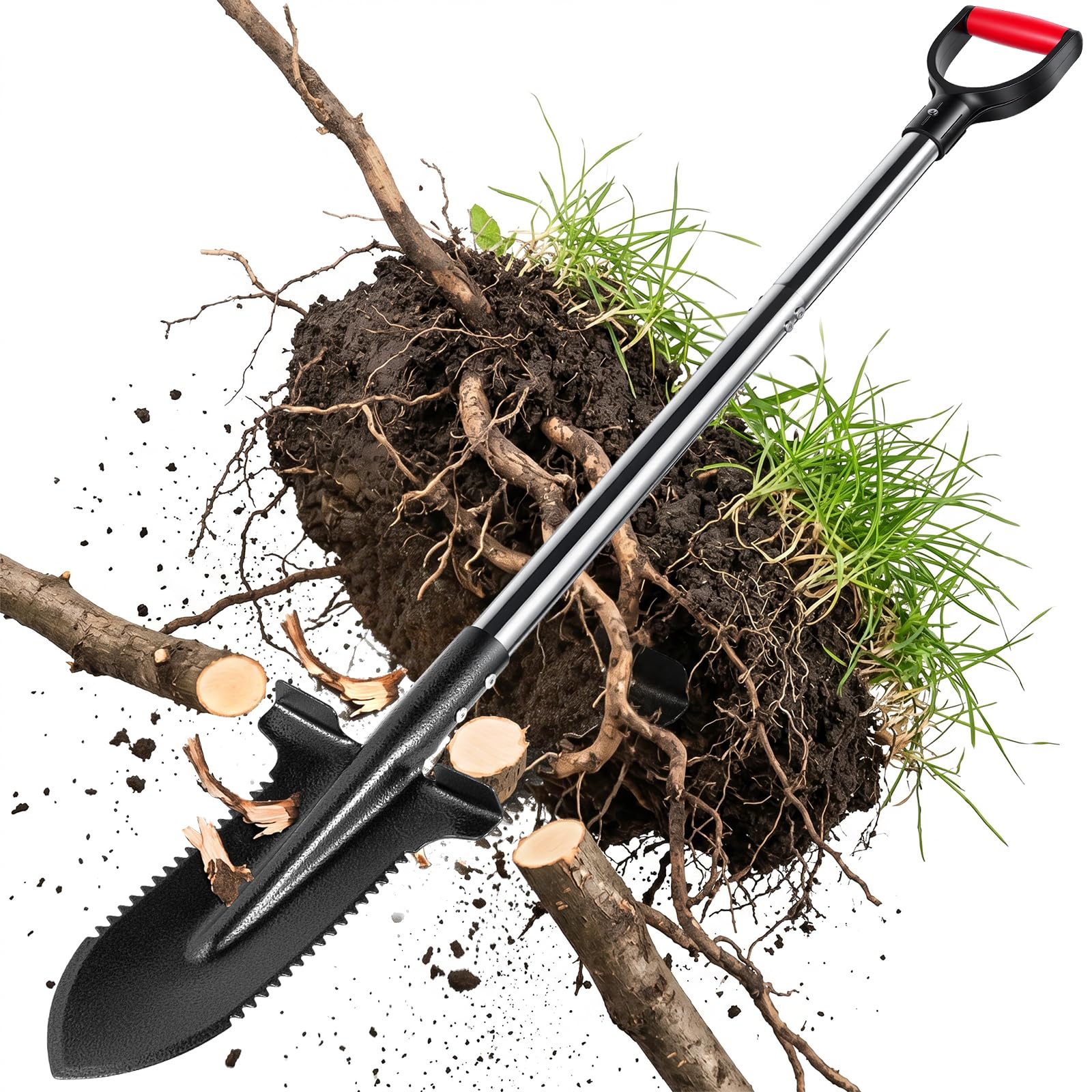 Root Shovel with Serrated Carbon Steel Head - Root Cutter and Soil Breaker, Heavy Duty Carbon Steel Digging Spade for Digging and Landscaping - Comfort Grip Handle