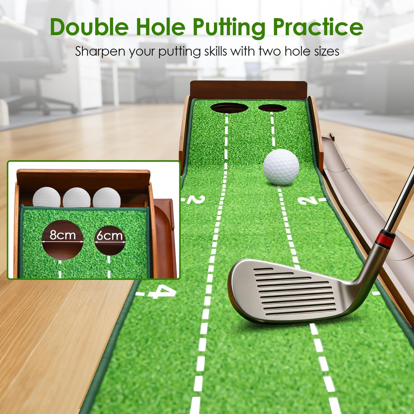 Esterilla de golf con rebobinado automático de bolas y riel de madera, Putting Green Indoor con espejo de putt & 2 agujeros, mini golf para el hogar, alfombra de golf plegable para oficina/jardín