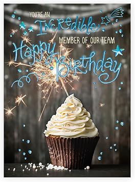 Posty Cards, Bulk 25 Pack Employee Birthday Greeting Cards for Businesses, Employees, HR & Staff Appreciation Cupcake & Stars Design with Blue Foil 7.5" x 5.5", Message Inside, 26 White Envelopes Included