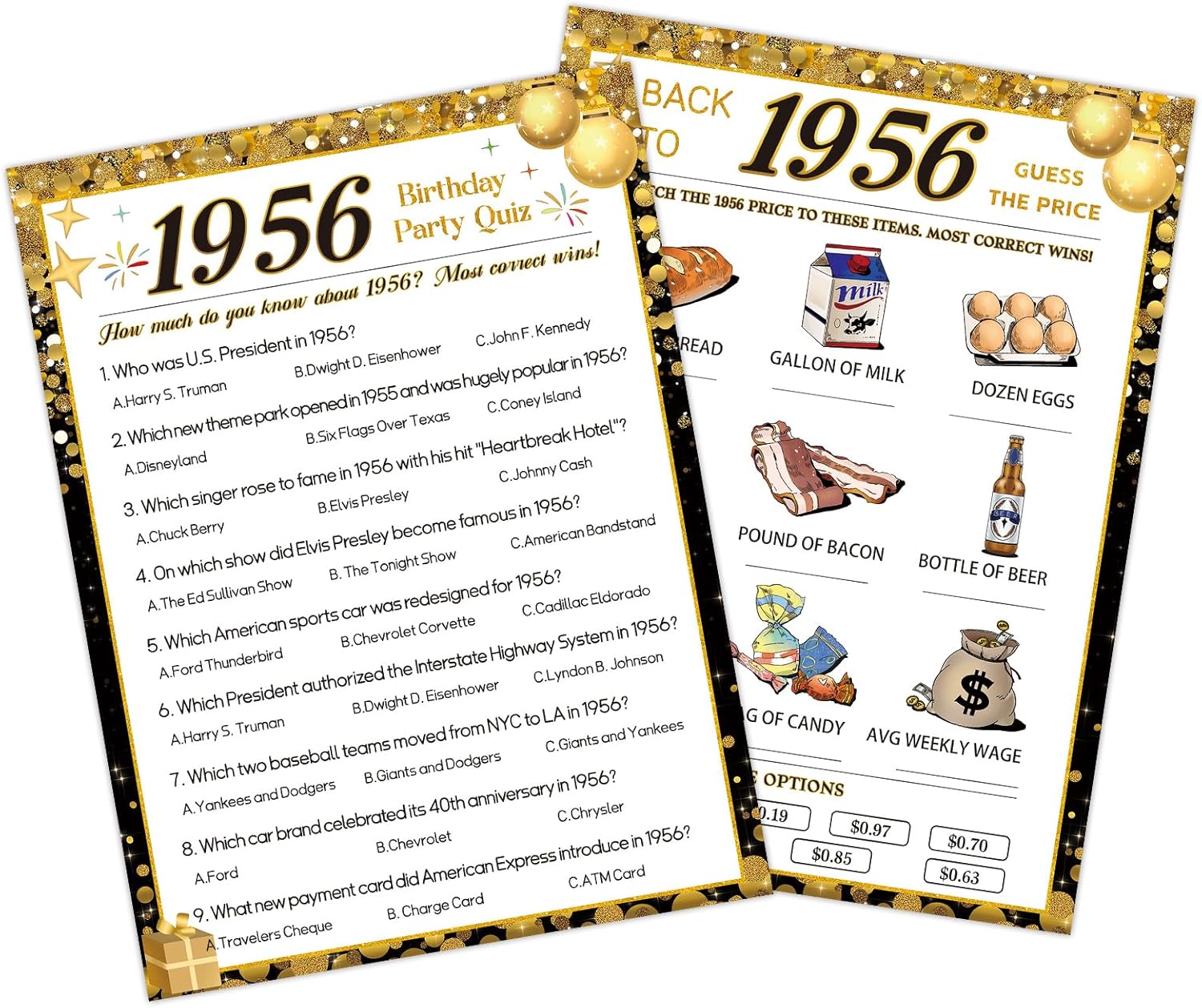 HOMANGA 40th Birthday Party Games, 1986 Quiz & Guess the Price Game Cards, Black Gold 40th Birthday Party Supplies for Men Women, Pack of 30 Cards