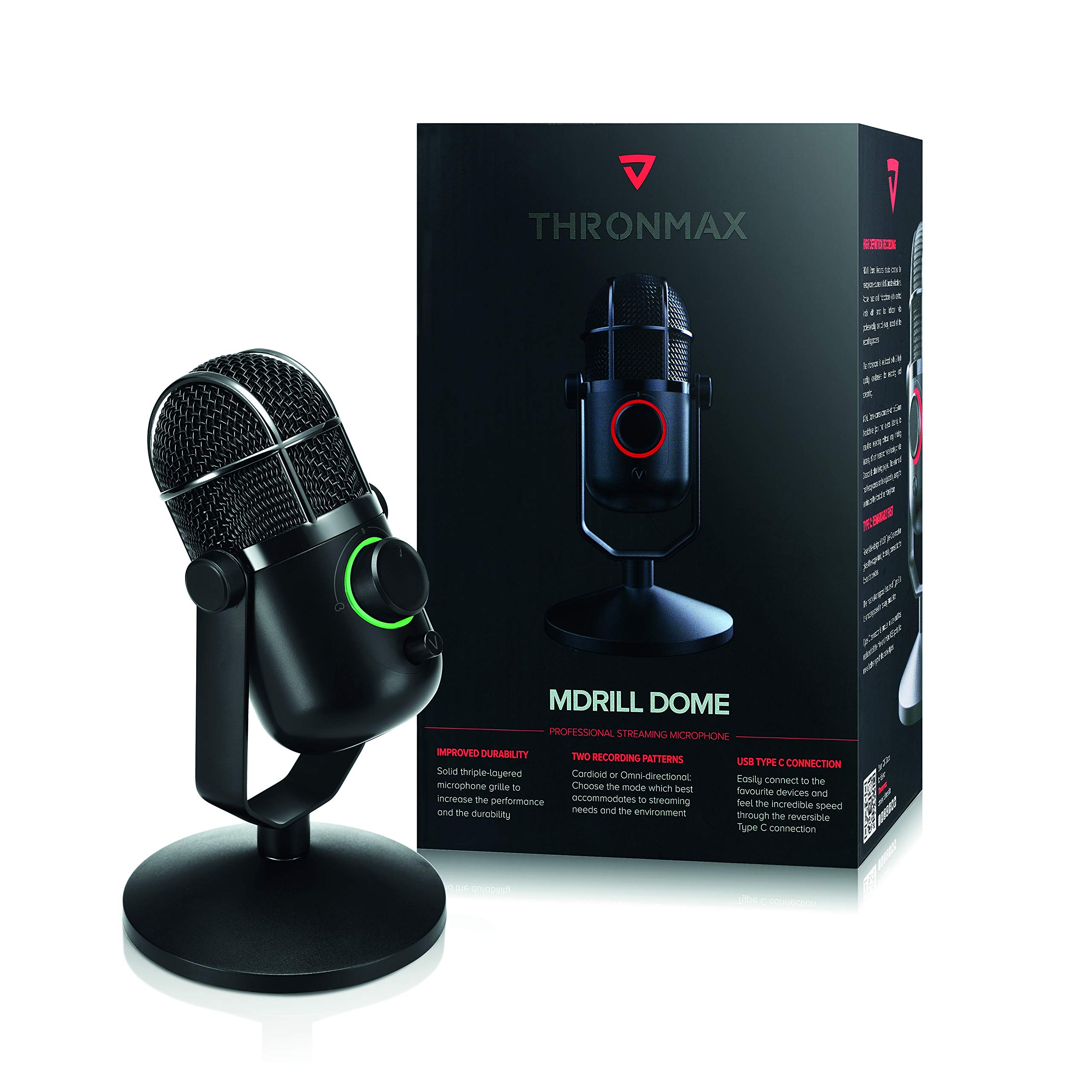 Thronmax Mdrill Dome (M3) Kondensator Mikrofon (Schwarz) für professionelle HD Aufnahmen (48kHz) in Studioqualität beim Podcast / Streamen / Chat / GamePlay / Youtube / etc.