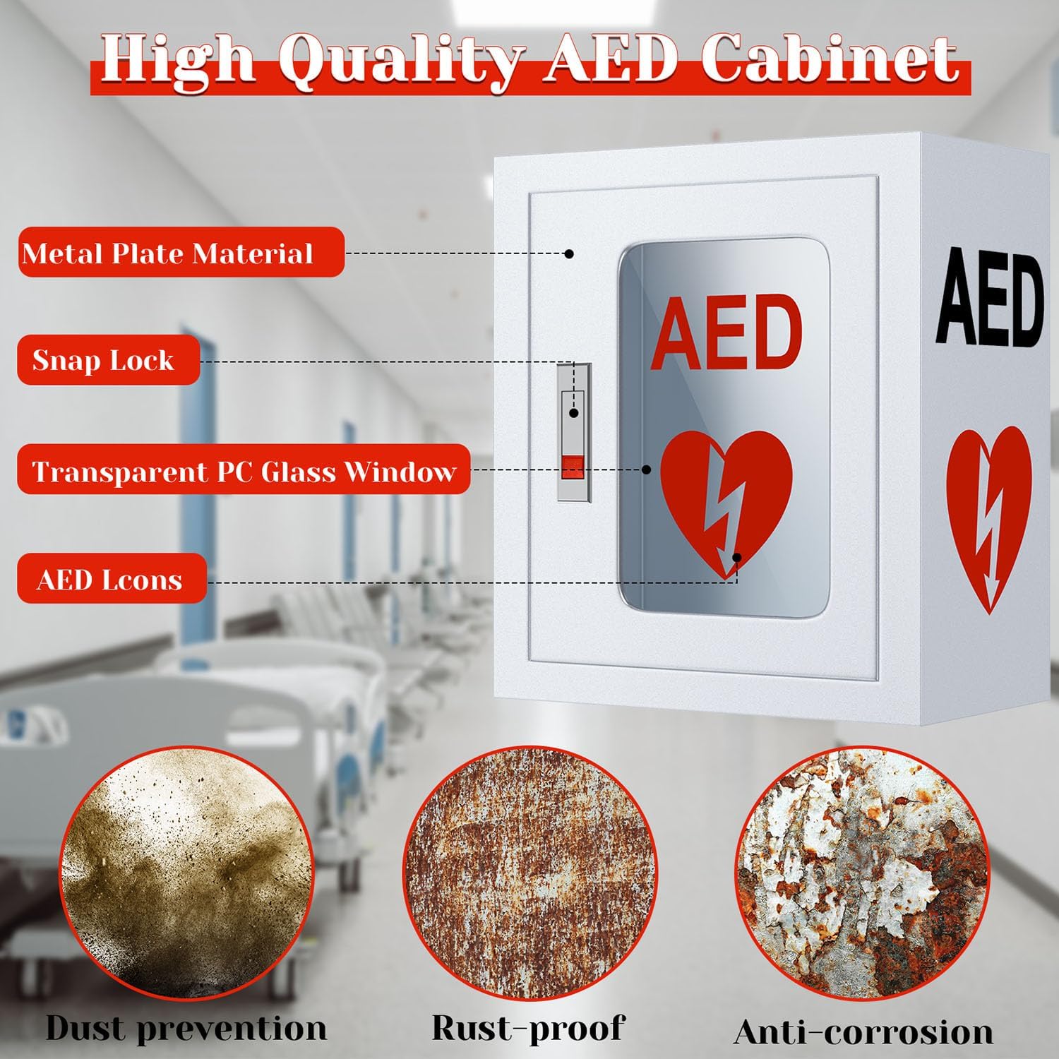 AED Cabinet Wall Mounted, Metal Steel Plate AED Defibrillator Cabinet with Snap Lock, Transparent Window Fits for Home, Office, Hospital and Public Places, 14 x 7.8 x 15.7 Inch