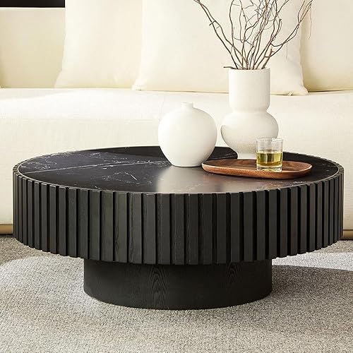 KEVINSPACE Round Coffee Table CoffeeTables for Living Room Wood CoffeeTable with Sintered Stone Tabletop Circle CoffeeTable Modern Farmhouse CenterTable Home Furniture Small Space Black 35.5"