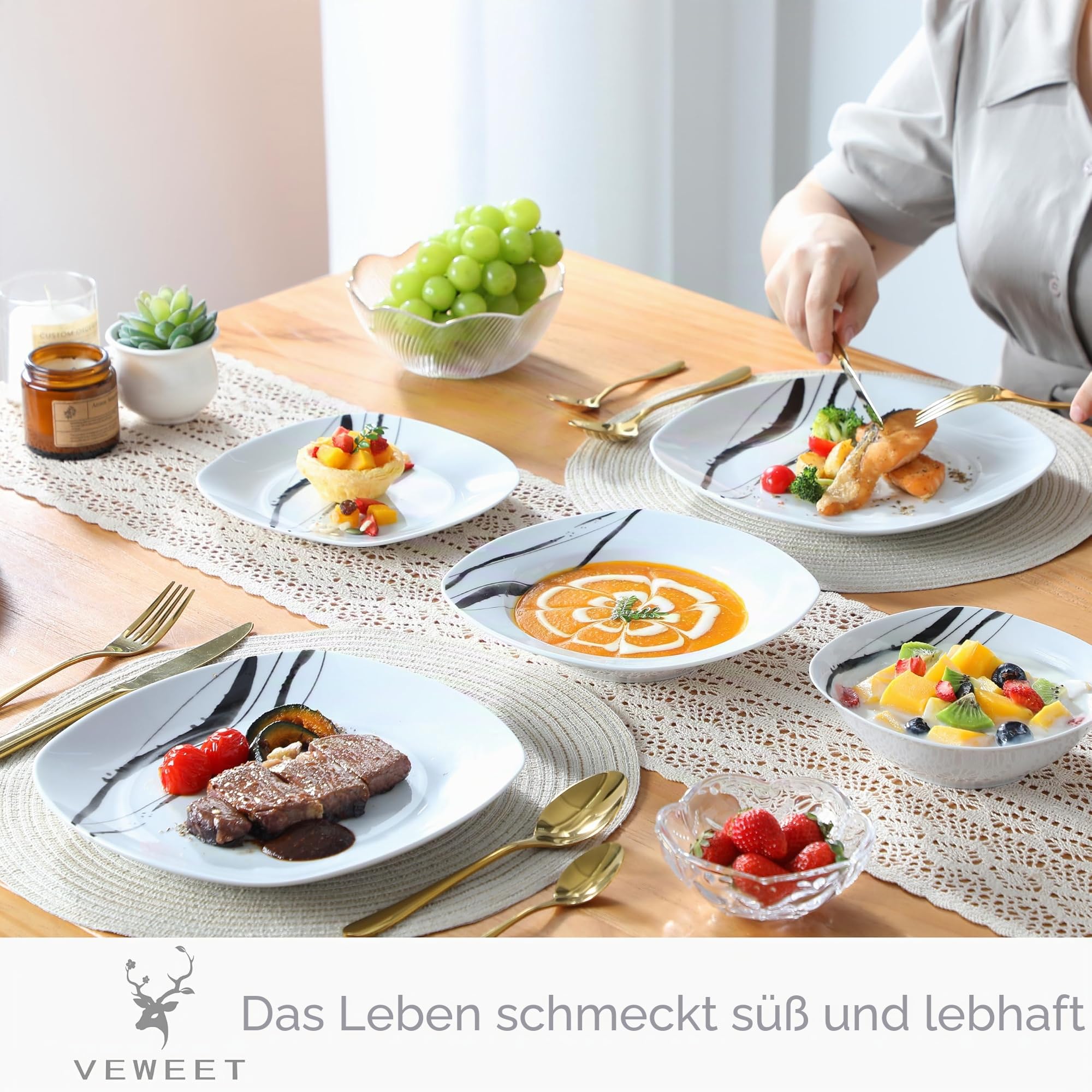 VEWEET Tafelservice 'Teresa' aus Porzellan, 48-teilig | Geschirrset beinhaltet Speiseteller, Dessertteller, Müslischalen und Suppenteller | Geschirrservice für 4-12 Personen