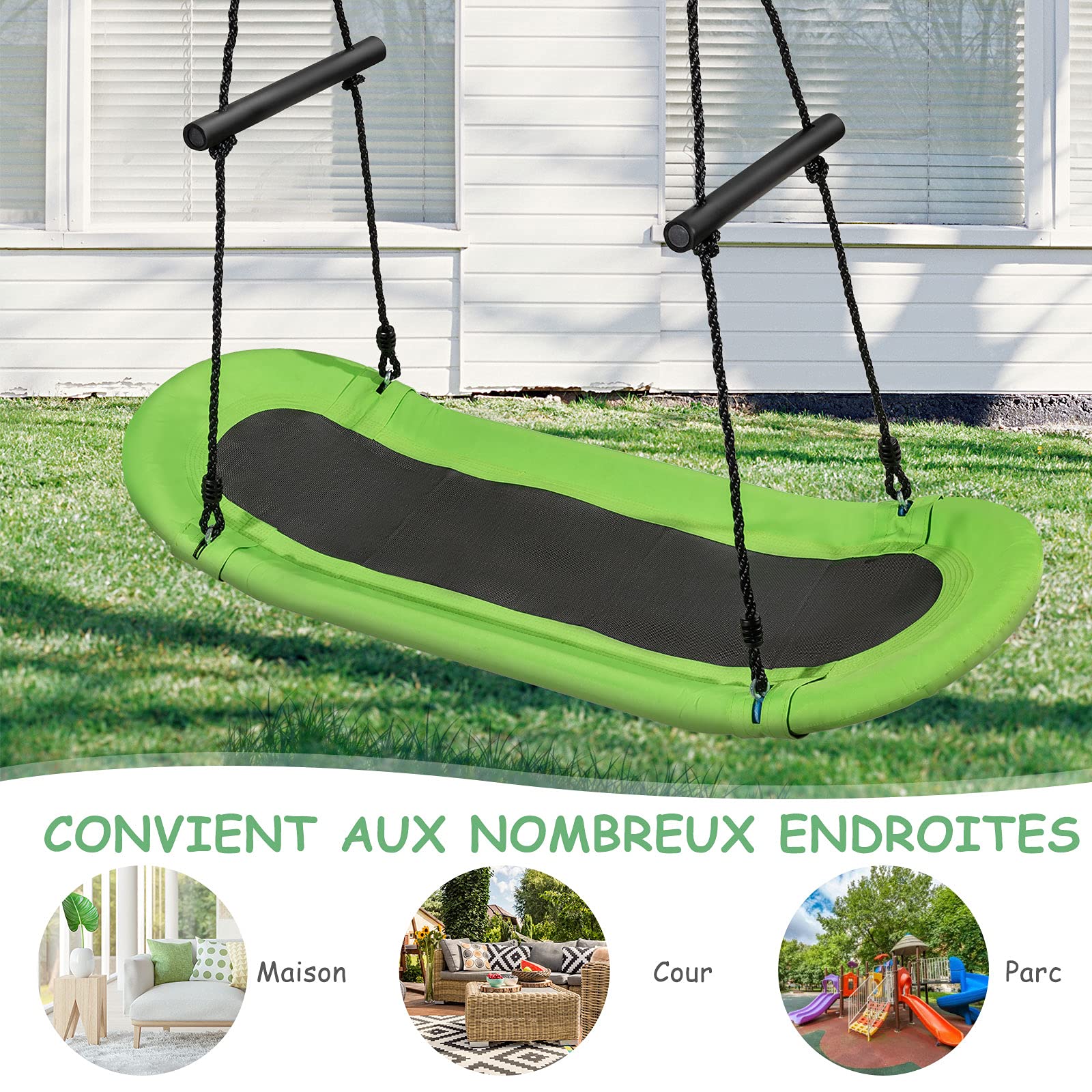 GOPLUS Balançoire Nid Ovale 150x80 Cm – Tissu Oxford Résistant, Réglable 100-160 Cm, Métal Antirouille, 150 Kg Max, Intérieur/Extérieur