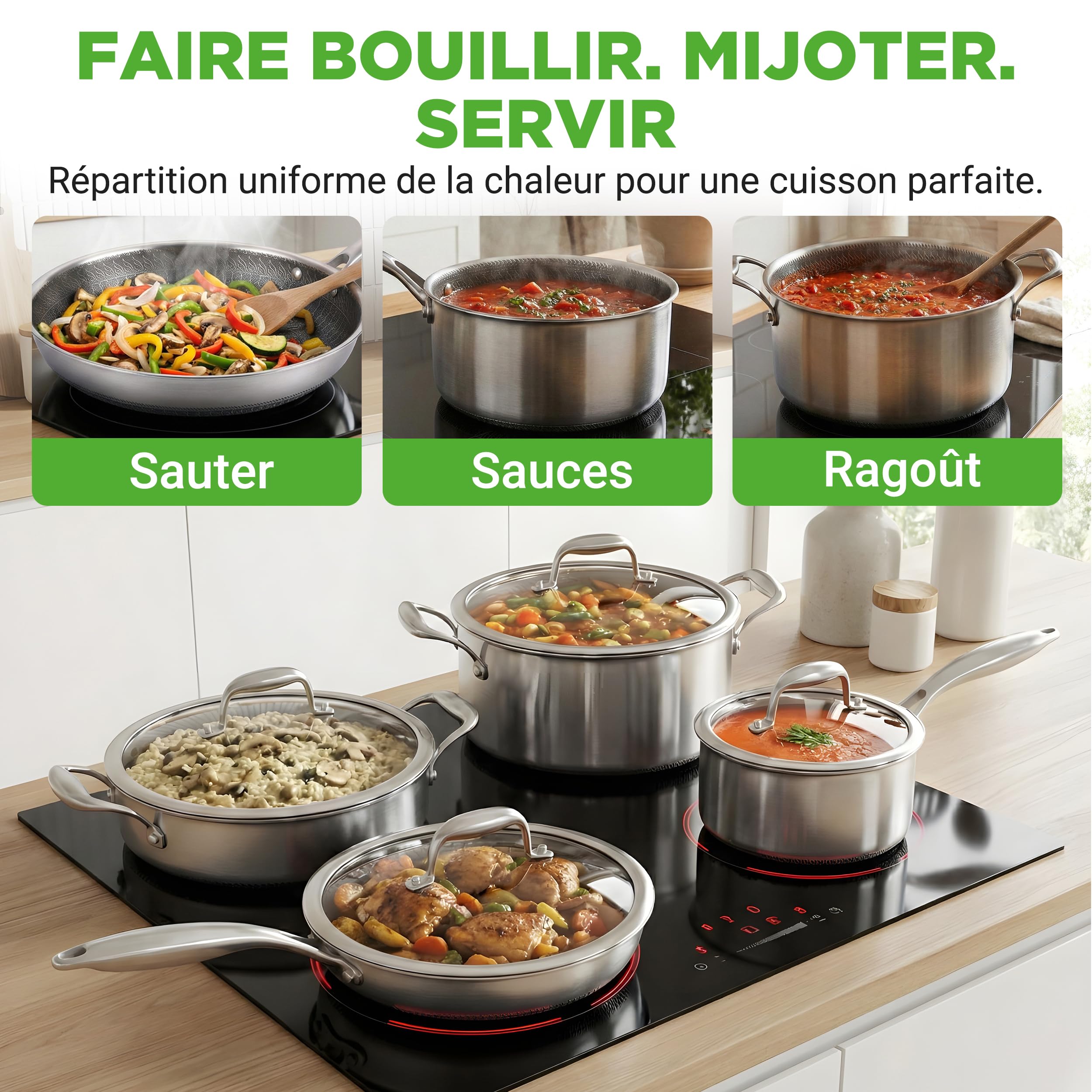 NutriChef Batterie de Cuisine Inox Triply 8 Pièces – Casseroles et Poêles avec Revêtement Antiadhésif, Pour Tous Feux Dont Induction, Marmite, Casserole, Poêle
