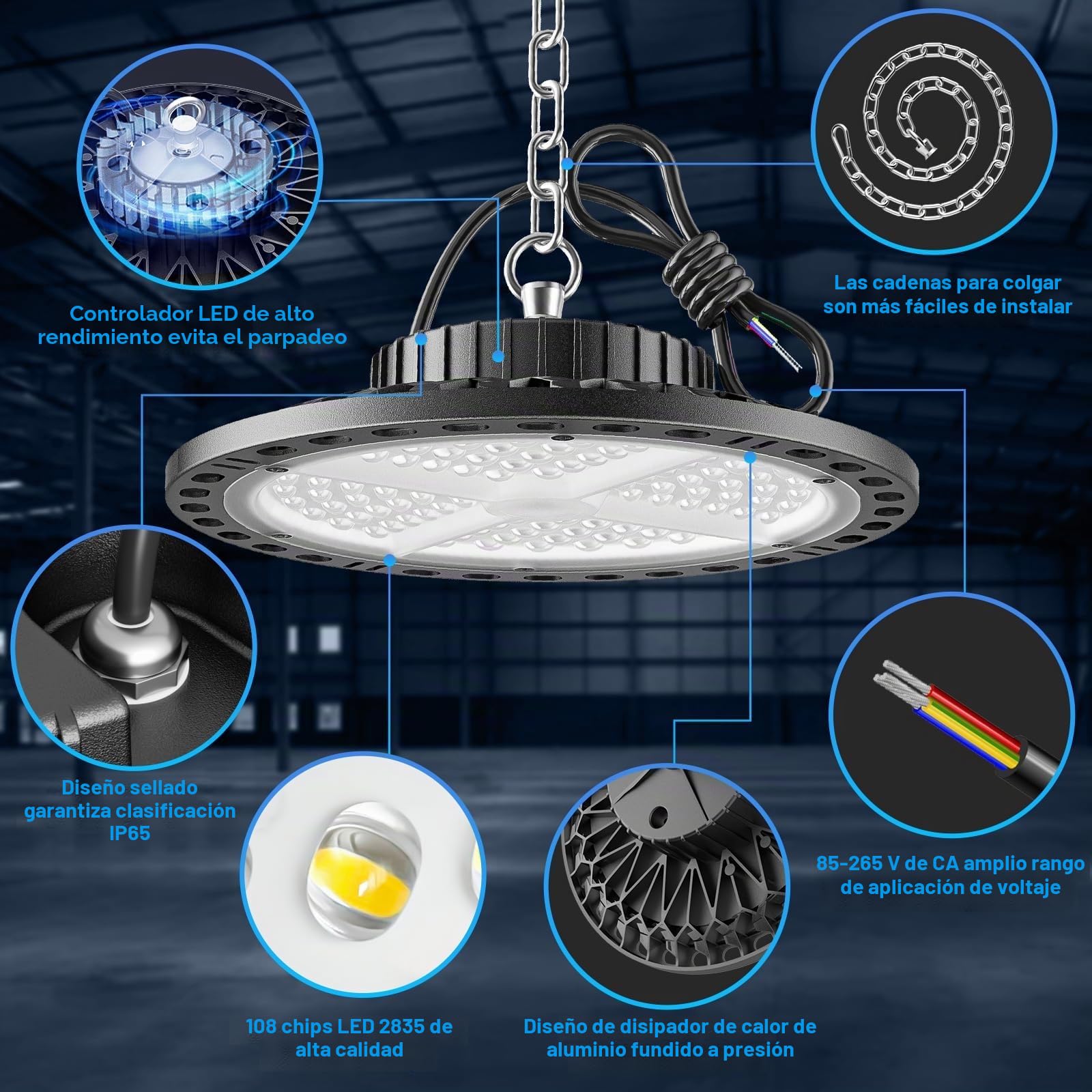 100W UFO LED Lámpara de Alta Bahía, 2 Paquetes 10000LM Focos Led Nave Industrial 6500K Blanco Frío, IP65 Impermeable High Bay Luces para Techo de Taller, Garaje, Fábrica, Almacenes, Estadio