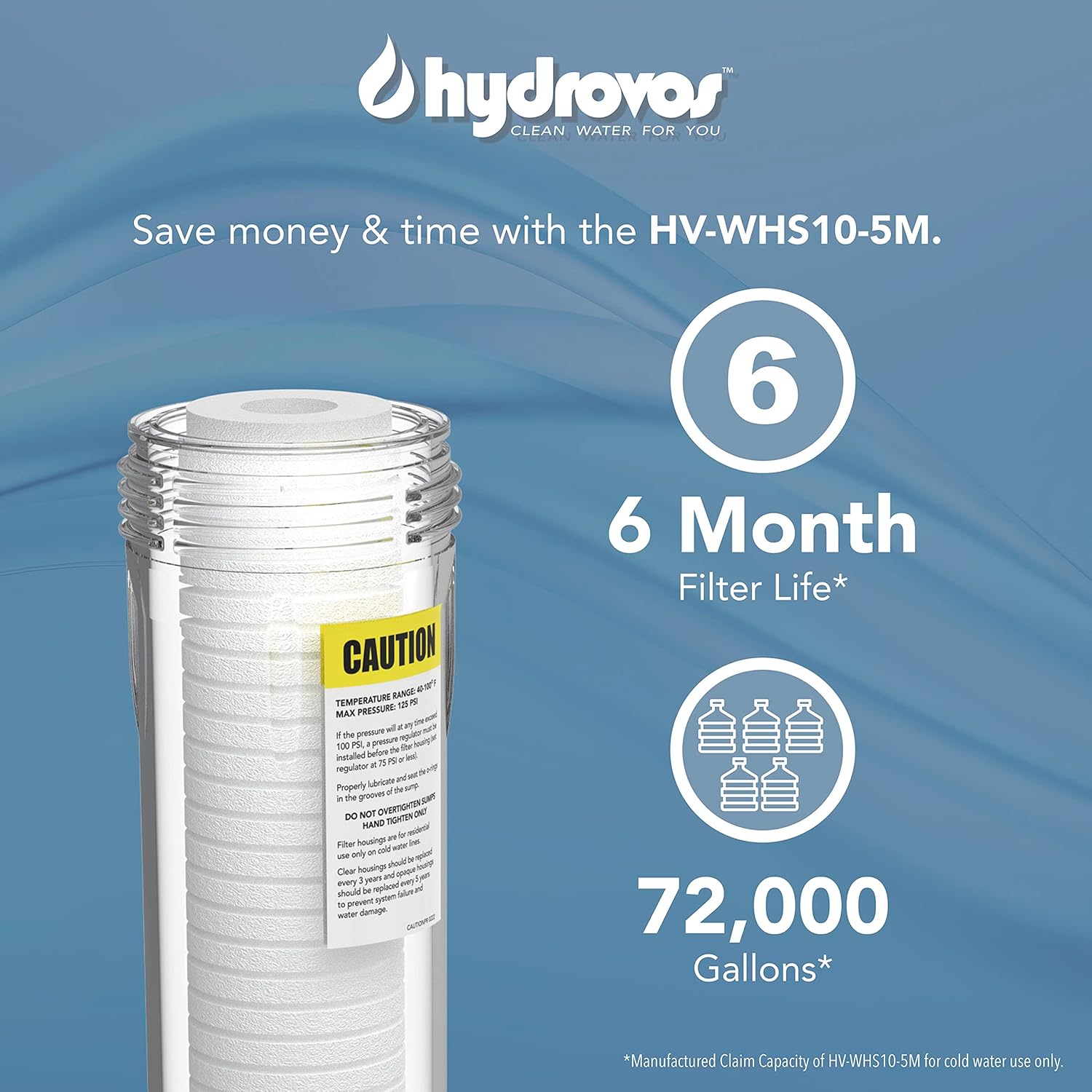 HYDROVOS 2.5" x 10" 5 Micron Whole House Water Filter, NSF Certified 10 Inch Grooved Sediment Filter with 6-Month Filter Life, 4 Pack