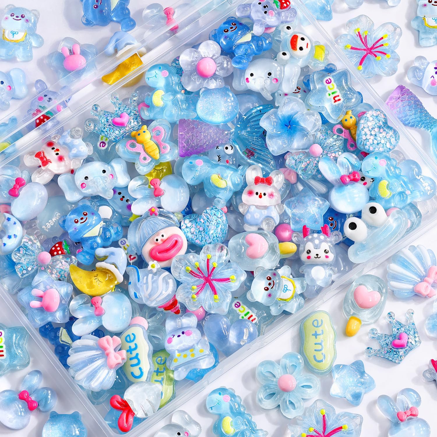 Blue Slime Charms Bulk Set, 100Pcs Assorted Cute Jelly Embellishments - Flatback Resin Charms for Phone Cases, Hairpins, Scrapbooking & DIY Craft Decoration