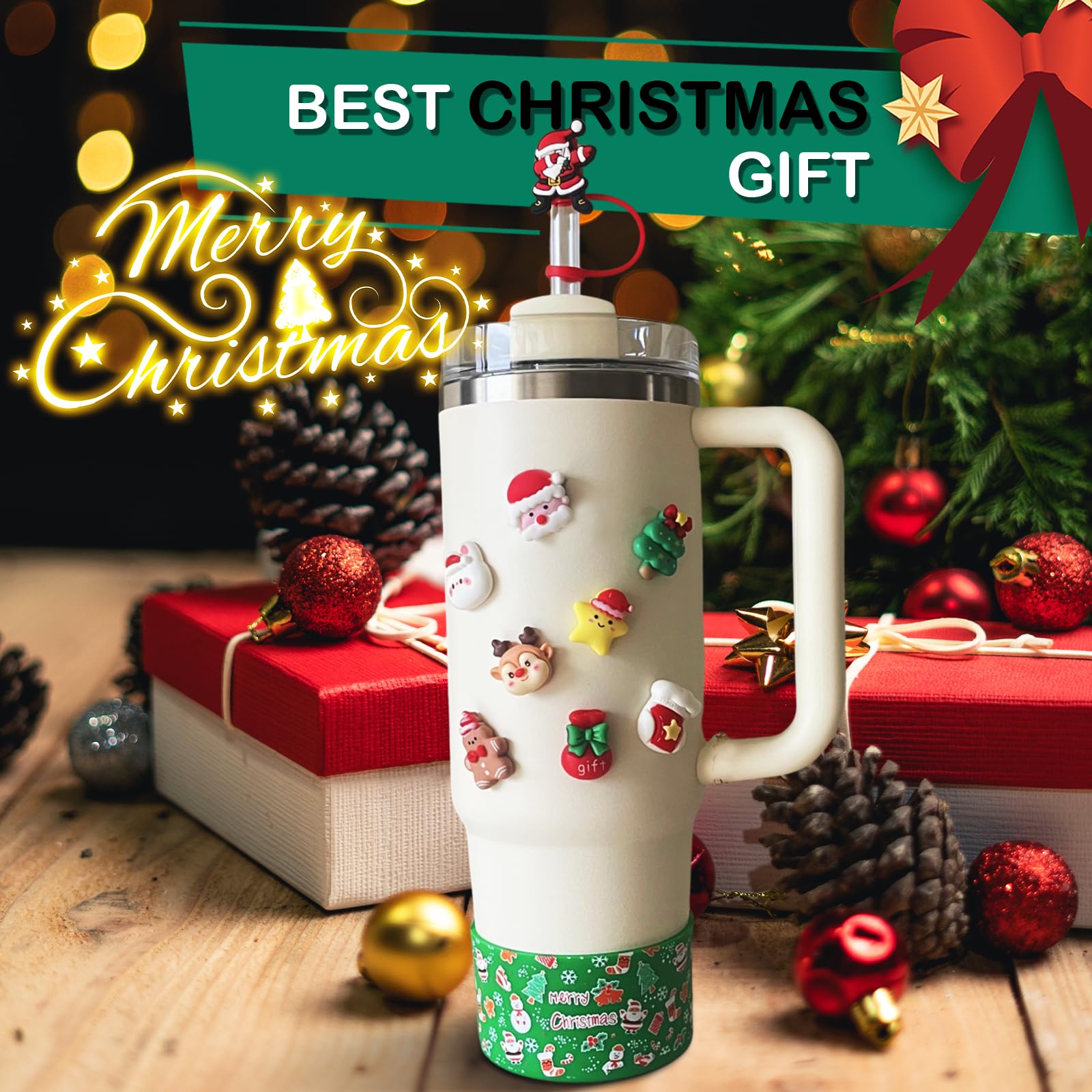 Blue Cup Accessories Set For Stanley 30OZ & 40OZ Tumbler With Handle, Letter Charms, Bow & Diamond Straw Covers, Glitter Silicone Boot, Personalized Sticker For Stanley Cup Accessories (A