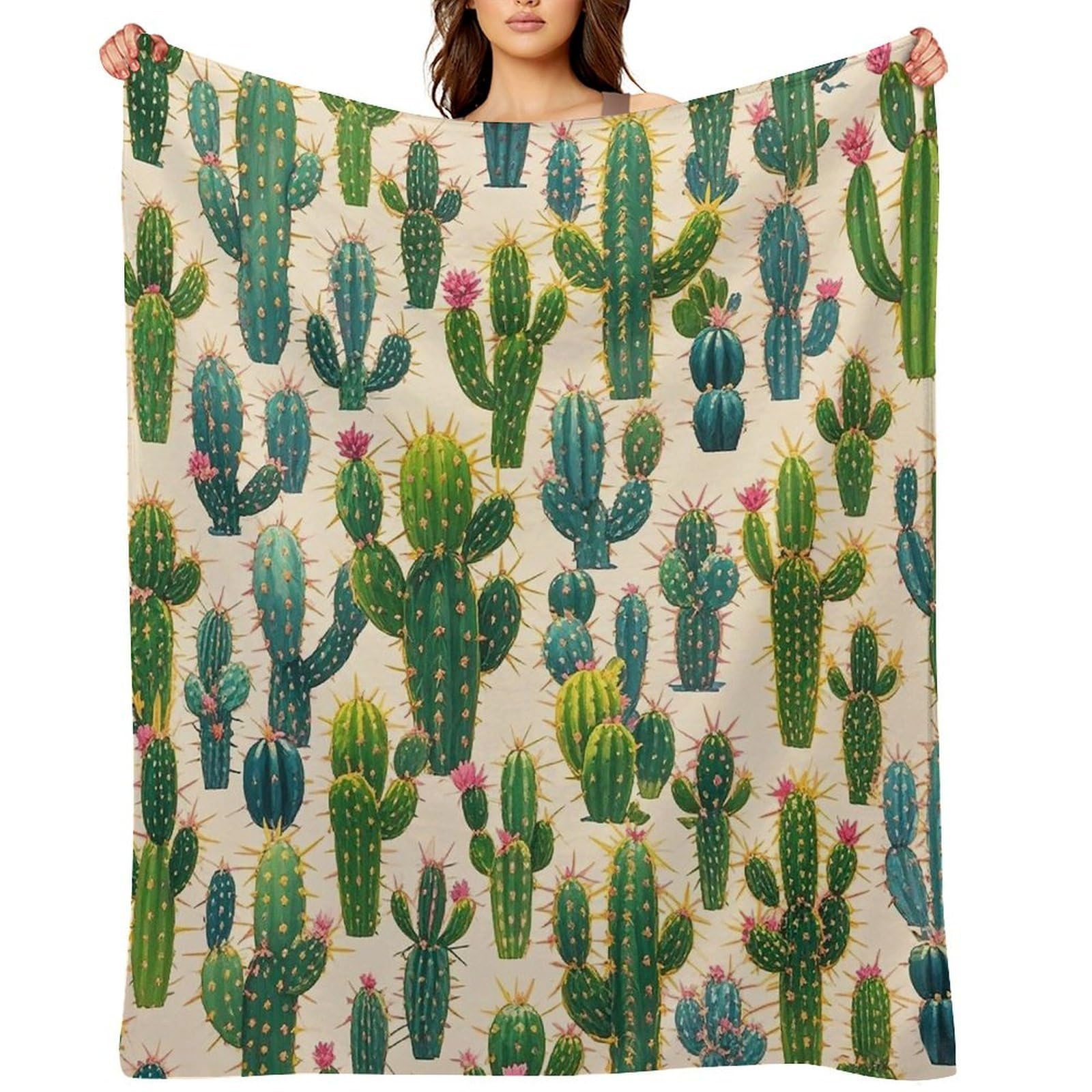 Flannel Cactus Pattern Throw Blanket for Couch Super Soft Fuzzy Cozy Flannel Blankets No Shed No Pilling FAnti-Static Winter Bed Blanket Decorative and Giftable Blankets