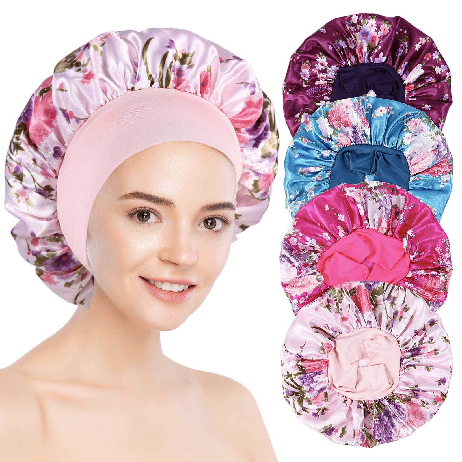 Amazon | 4個 Lサイズ サテンボンネット 女性用 シルクヘアボンネット 