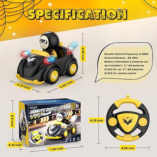 Vista 8 de NQD Auto de control remoto de murciélago para niños pequeños, autos RC con música y luces, material ABS, juguete de carreras de dibujos animados RC