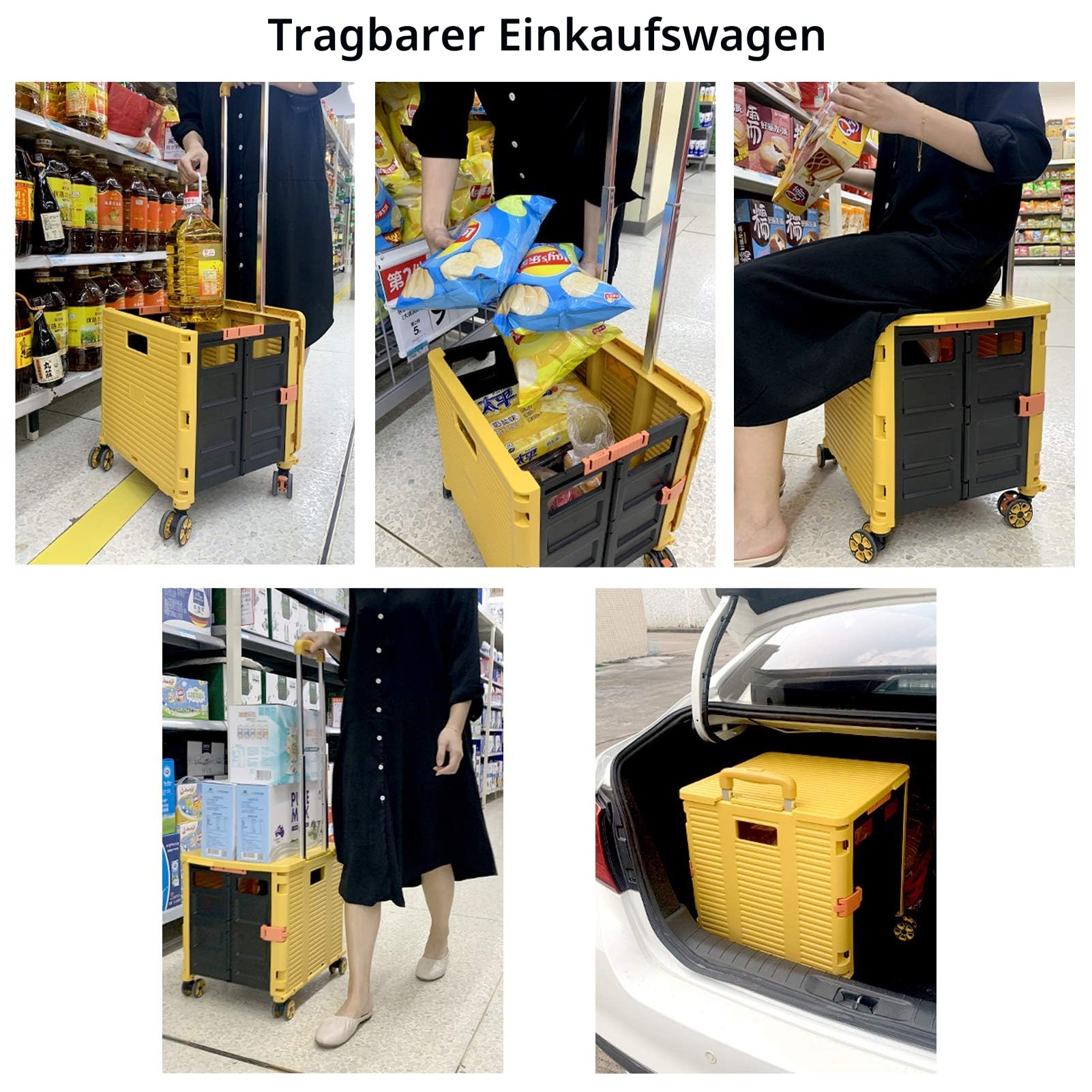 Faltbarer Einkaufswagen, 54L/45kg Hohe Kapazität Multifunktionaler Tragbarer Gebrauchswagen mit Teleskopstange und 4 Zerlegbaren Drehbaren Rädern für Einkaufen, Picknick, Aufbewahrungskiste Schwarz