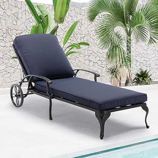 HOMEFUN Chaise Lounge Outdoor Chair with Navy Blue Cushion, Aluminum Pool Side Sun Lounges with Wheels Adjustable Reclining, Patio Furniture Set, Pack of 1(Antique Bronze)