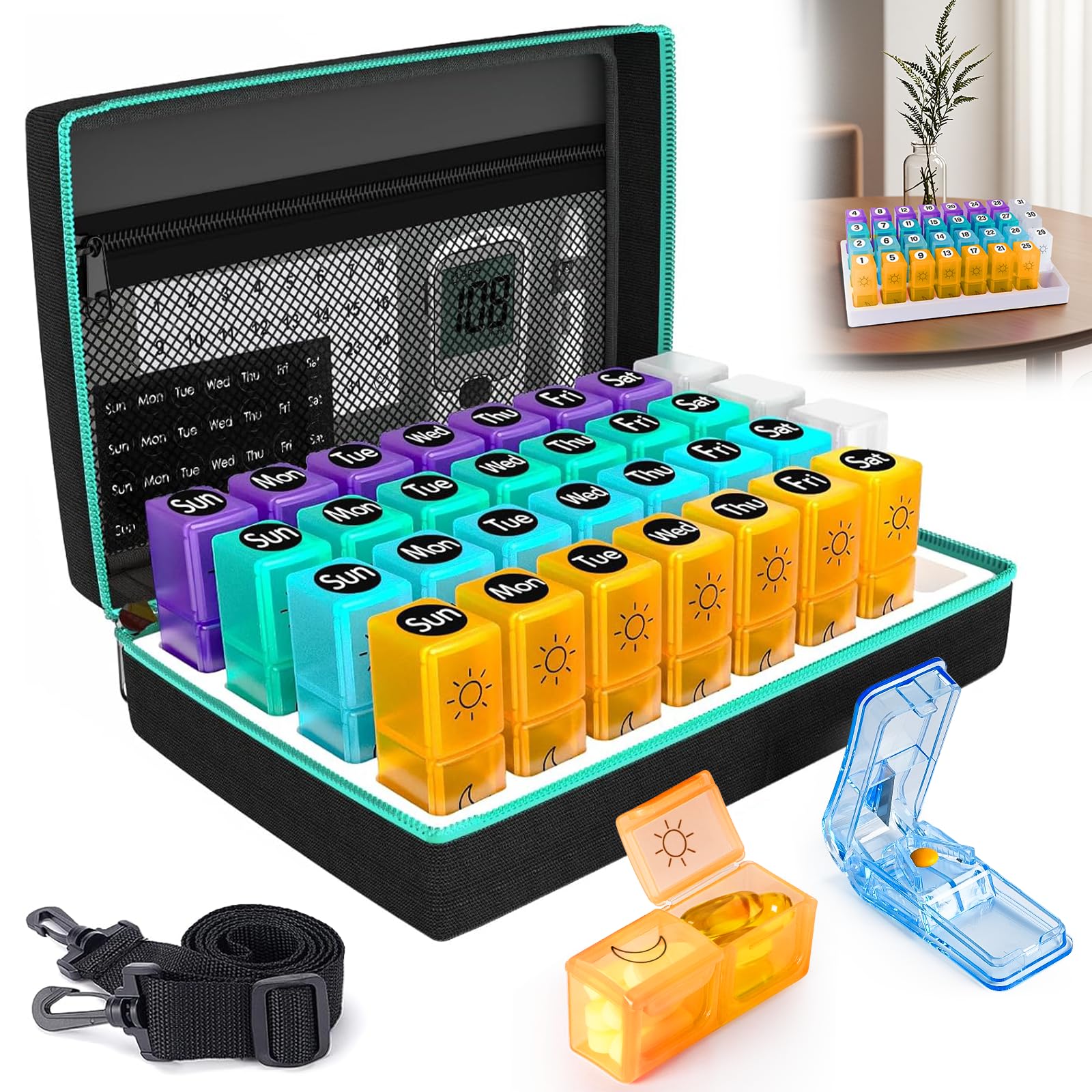 Monthly Pill Organizer 2 Times a Day, 2-in-1 for Home & Travel, 31 Day Pill Box AM PM with Cutter & Travel Bag, Portable Soft One Month Pill Box with