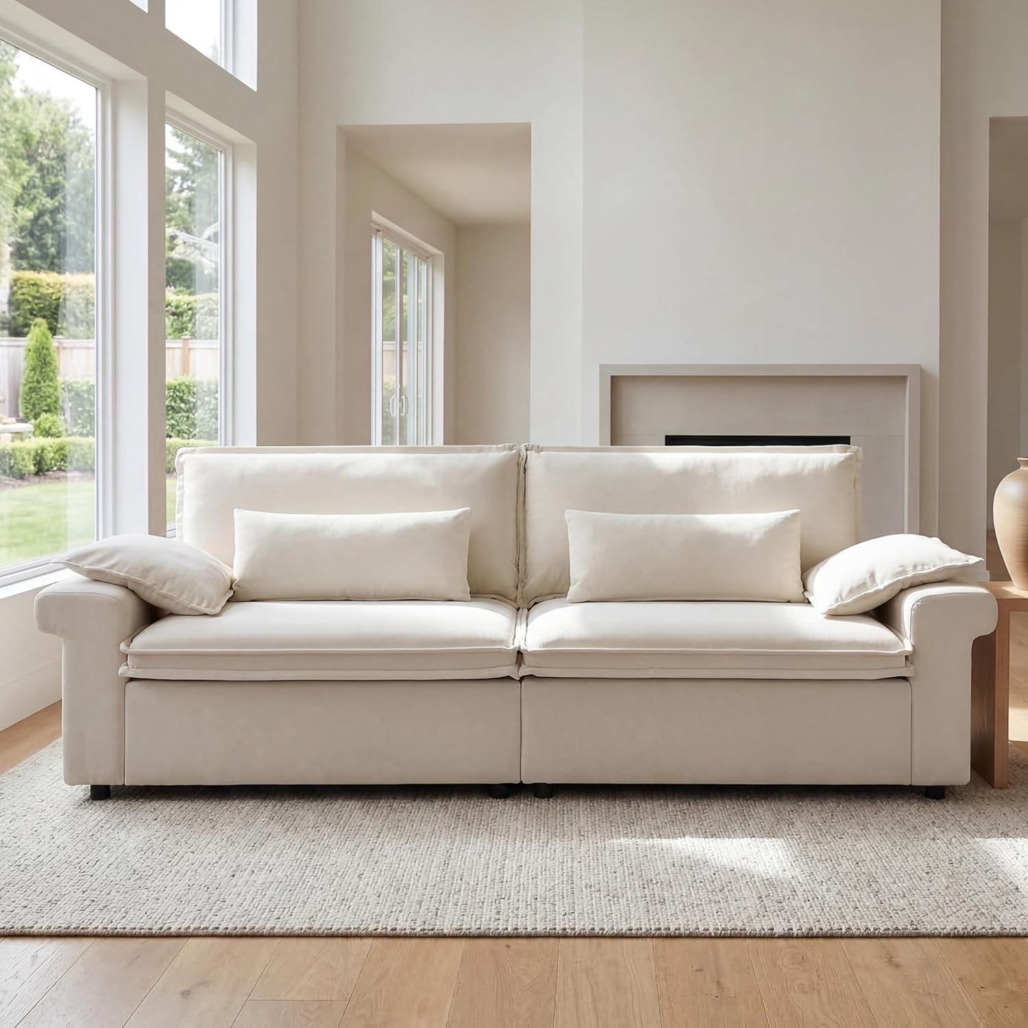 93" Couch for Living Room, Modern Deep Seat Sofa with Accent Pillows, 3-Seater Sofa w/Wide Arms, Pocket Springs Seat Cushion, Comfy Upholstered Couch for Apartment, Office, Small Space, Beige