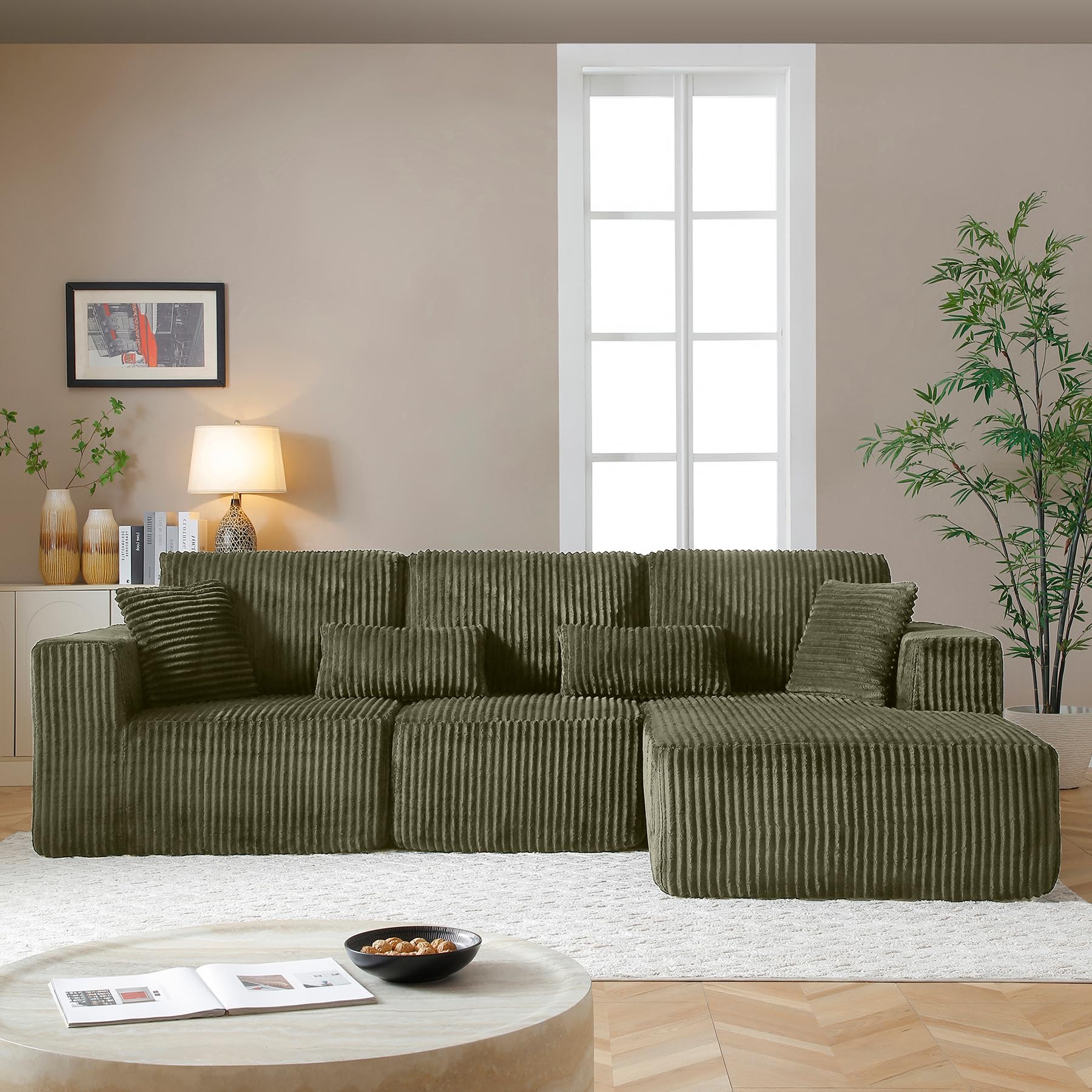 108" boneless cloud sectional couches for living room, comfy fluffy l shaped memory foam deep seat boneless couch, modular sectional sofa with right facing chaise, olive green (incomplete box 1 only corner/armless) 