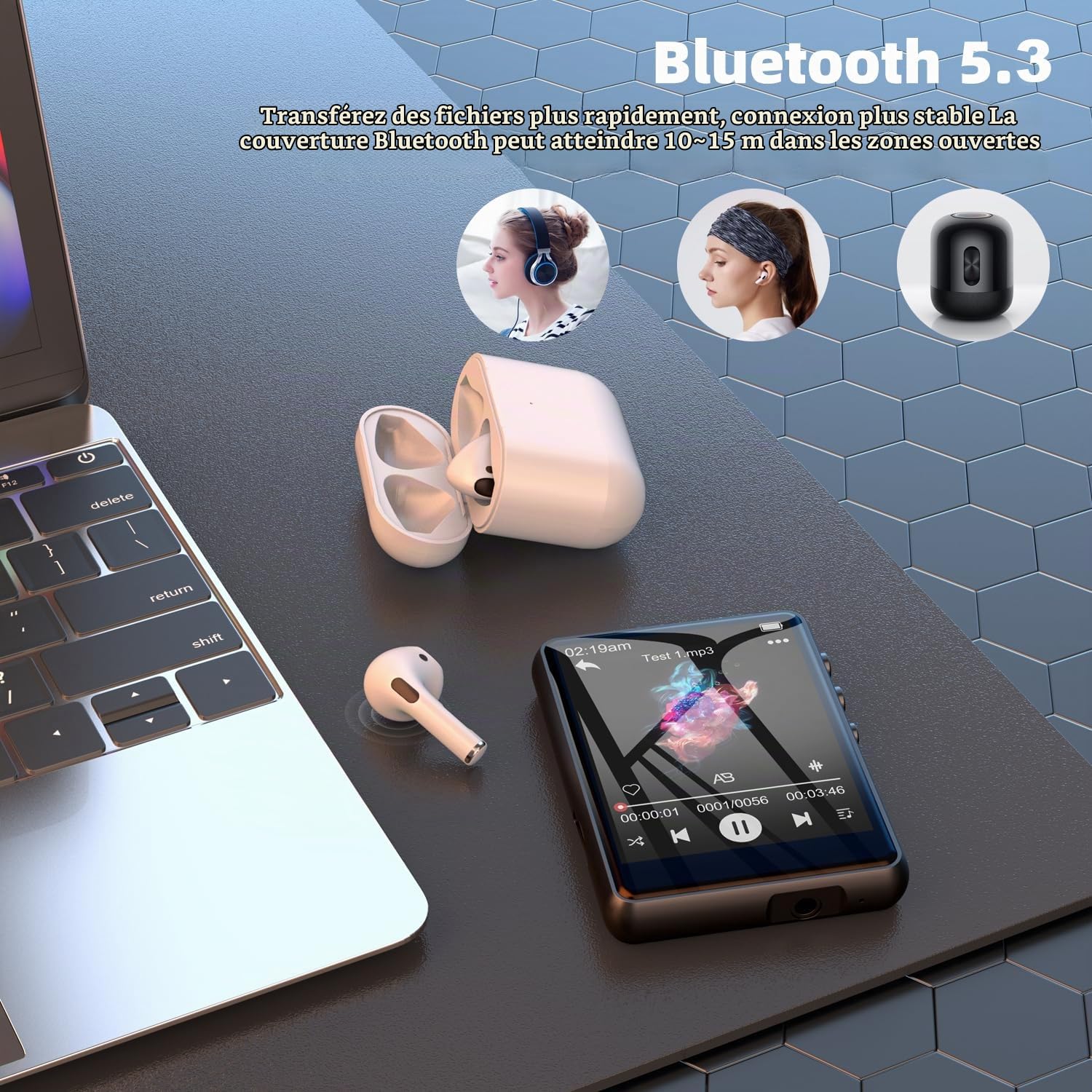 64Go Lecteur MP3 Bluetooth 5.3, 2,4" Tactile Portable MP3 Lecteur Musique, HiFi Baladeur Mp3 avec Hautparleur Vidéo/Enregistrement Vocal Radio FM Ebook Extensible 128Go(Espace Noir)