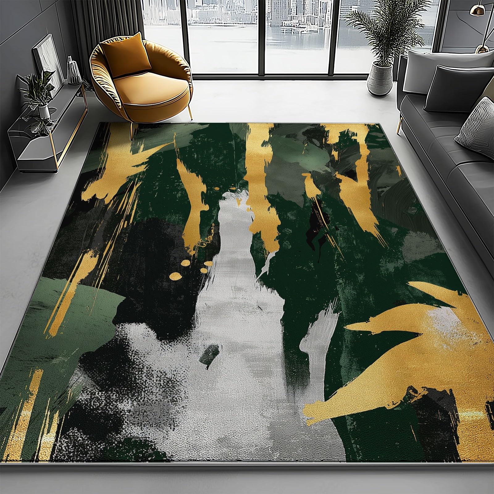 Dywaniki do salonu, 140 x 200 cm, zmywalny, antypoślizgowy, wzór kamuflażu, dywany do sypialni, niskie runo, cienka mata podłogowa, dywan do jadalni, kuchni, biura, dekoracja, zielone złoto