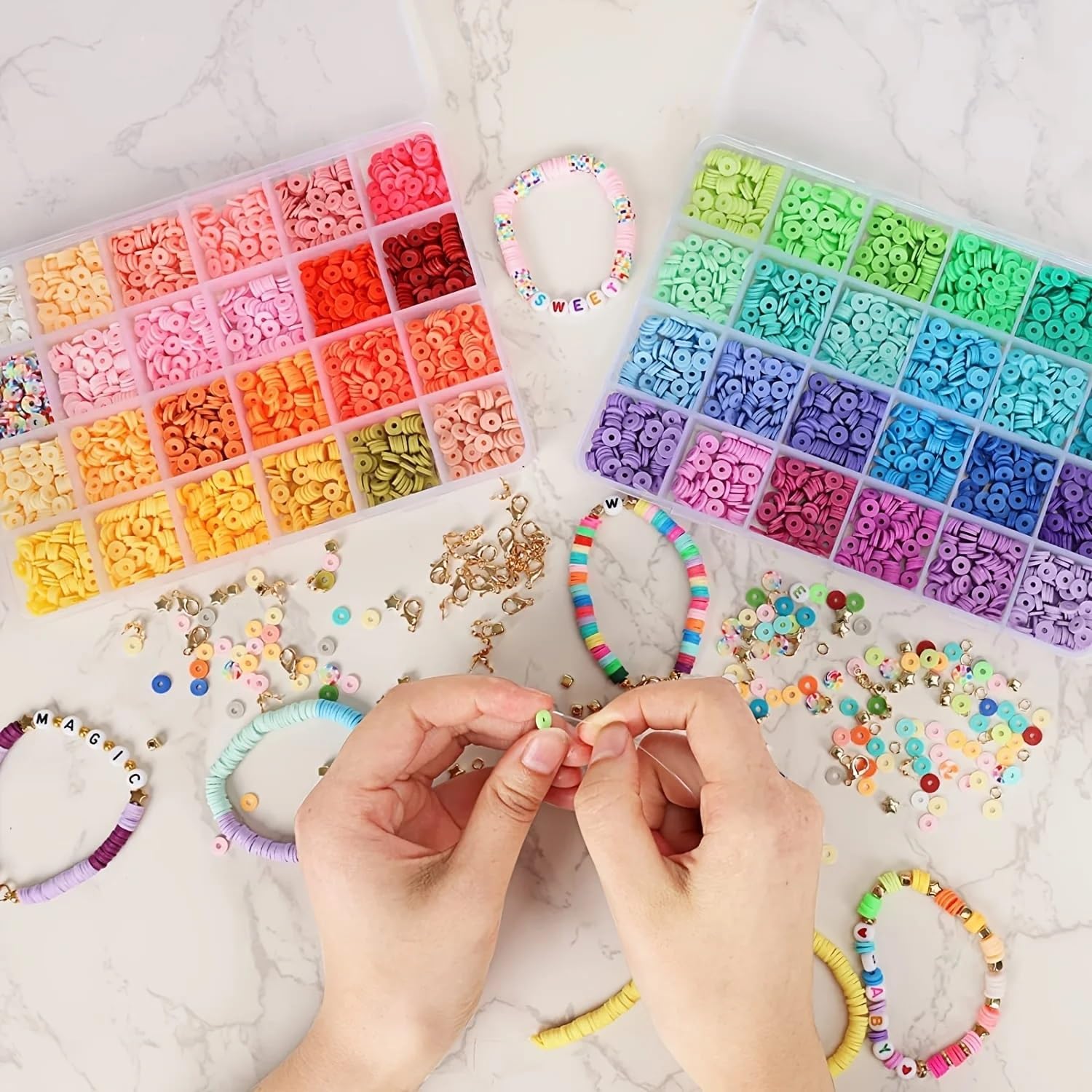 St.Kunkka 15400 PCS 72 Colors Clay Beads Bracelet Making Kit 4 Boxes Friendship Bracelet Kit Flat Polymer Clay Beads Spacer Heishi Beads for Jewelry Making with Pendant Charms Kit for Adults (15400)
